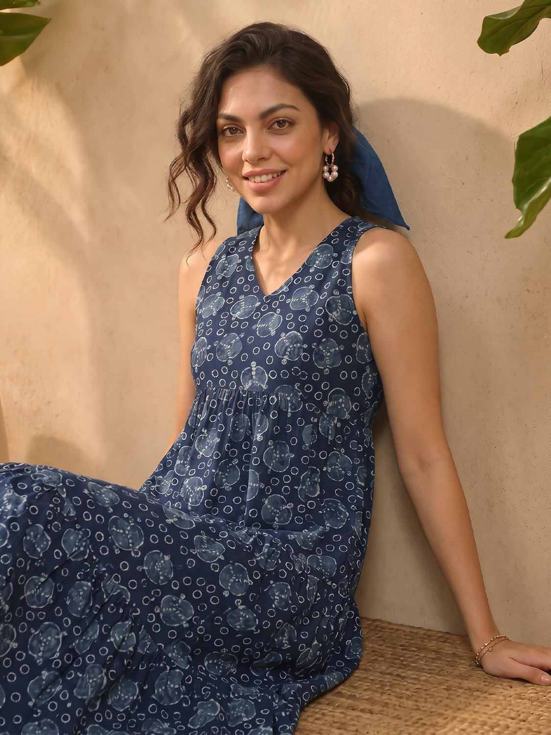 Image of Janasya Women Tiered Blue Midi /Calf Length Dress