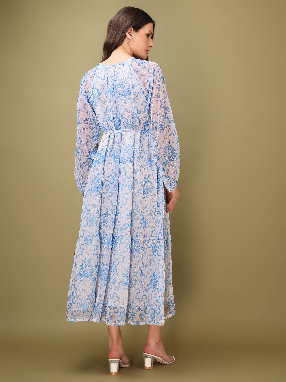 Image of PURVAJA Women Tiered Blue, White Midi /Calf Length Dress