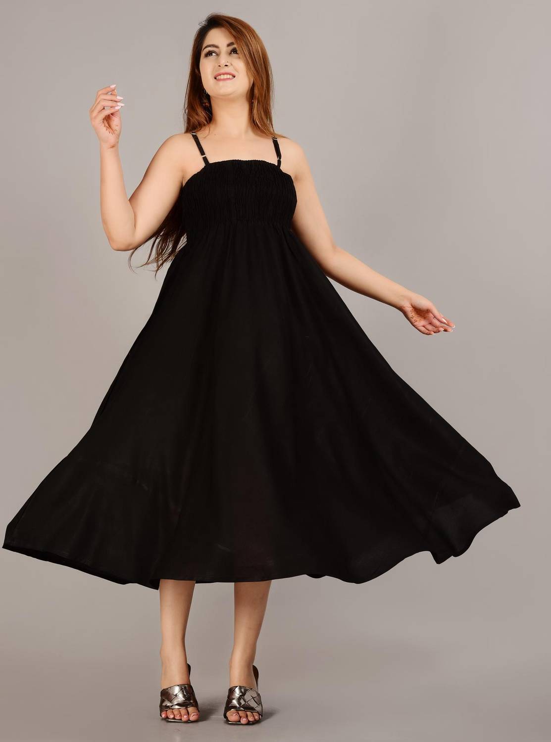 MEWEAR Women Fit and Flare Black Midi/Calf Length Dress