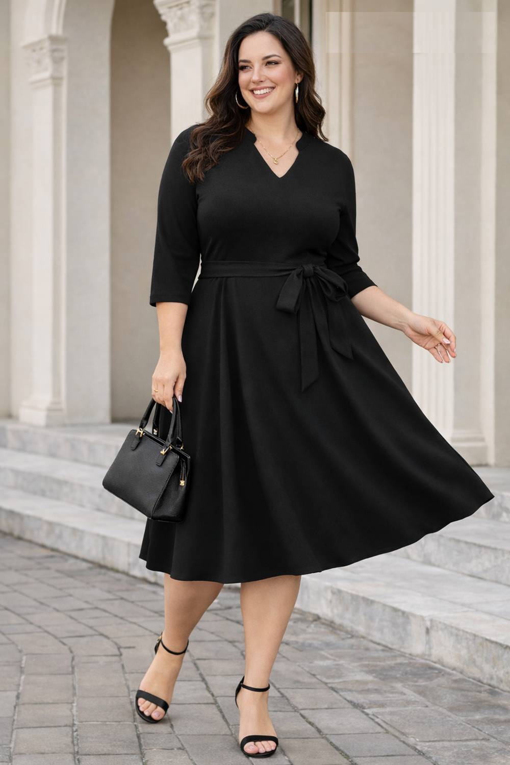 AMEEZA Women Fit and Flare Black Knee Length Dress