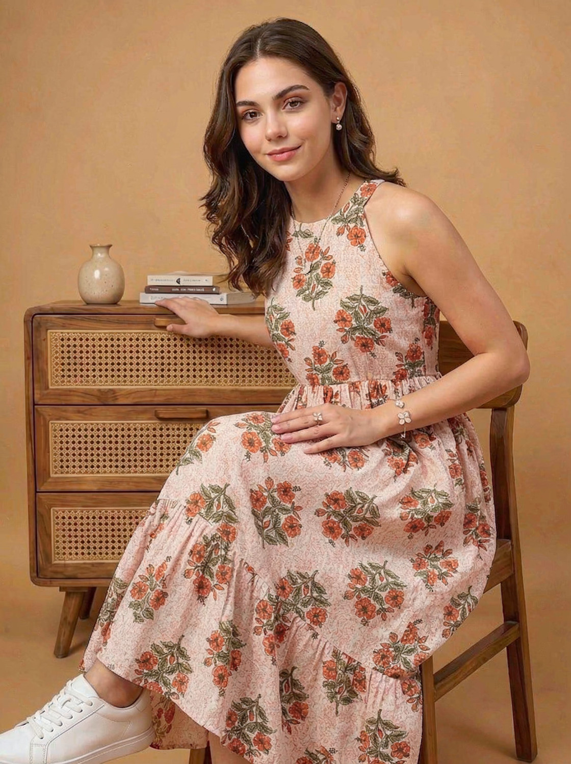 Image of PURSHOTTAM WALA Women Fit and Flare Orange Maxi /Full Length Dress