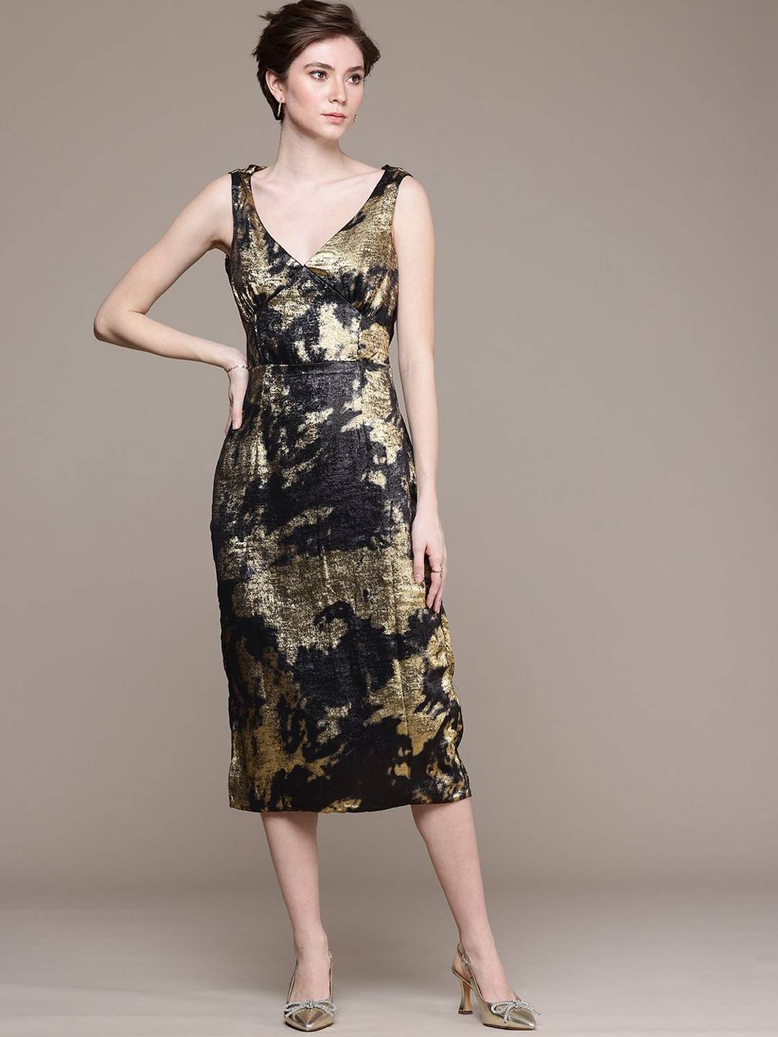 bebe Women Sheath Beige, Black Midi/Calf Length Dress