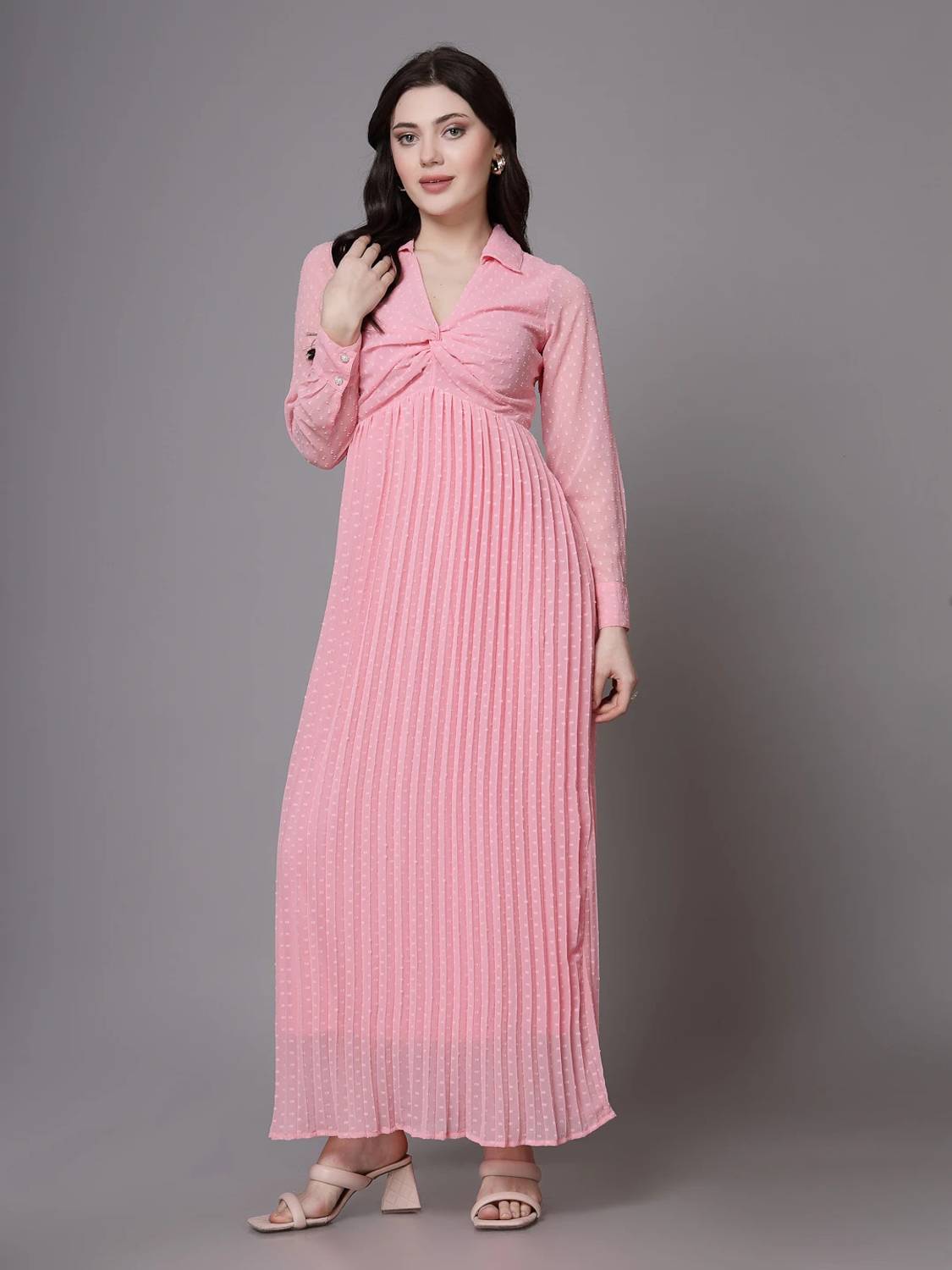 AAYU Women Fit and Flare Pink Maxi/Full Length Dress