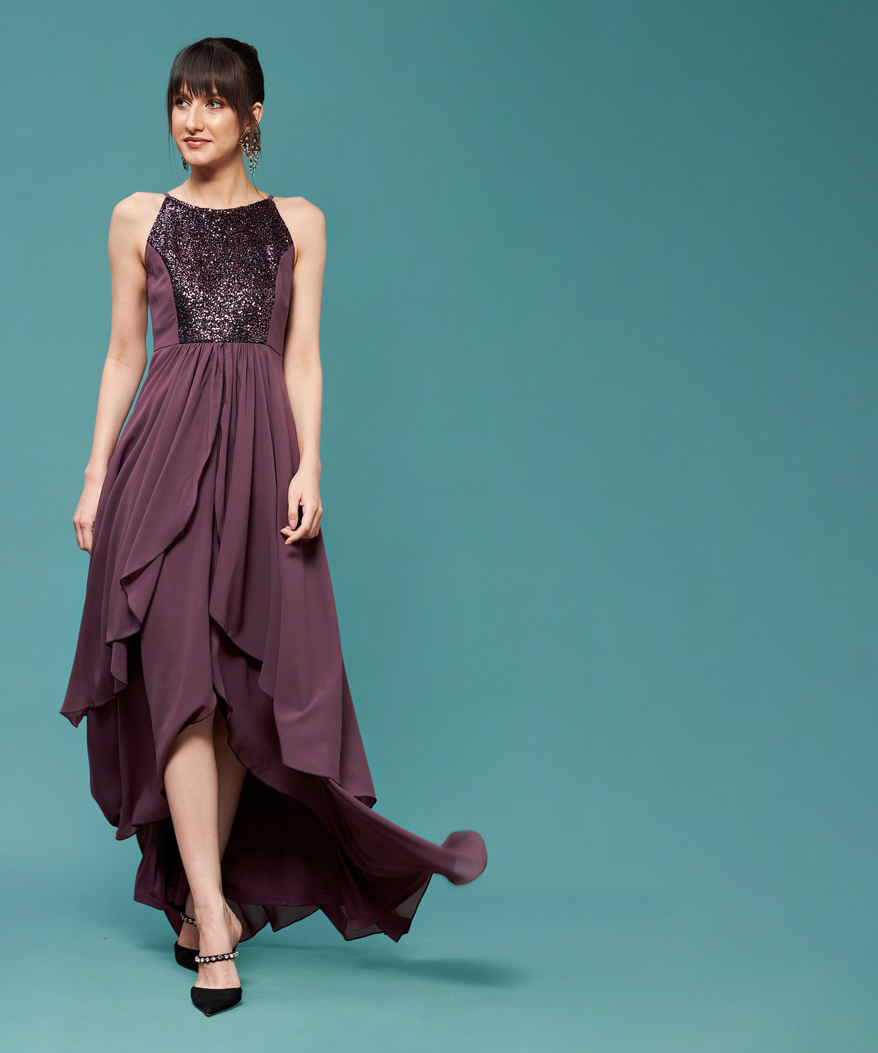 Image of Miss Chase Women Layered Purple Midi /Calf Length Dress