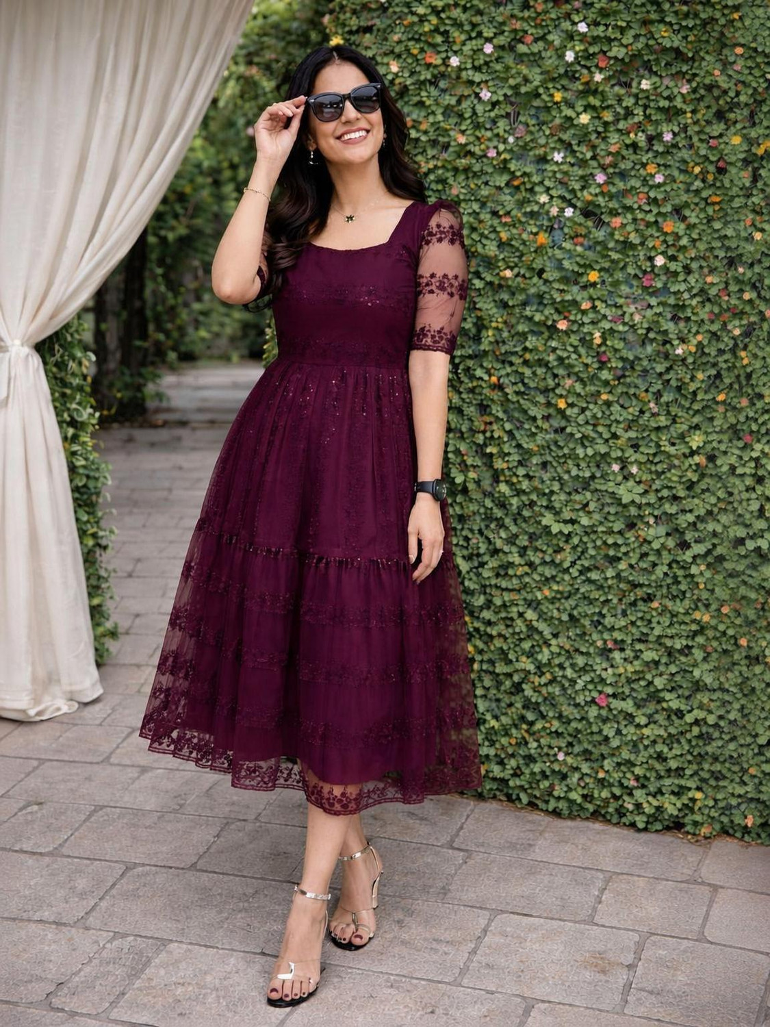 Image of Tantukriti Women Fit and Flare Maroon Midi /Calf Length Dress