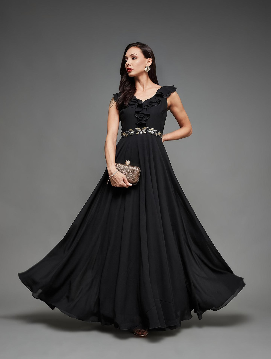 Image of Miss Chase Women Ruffled Black Maxi /Full Length Dress