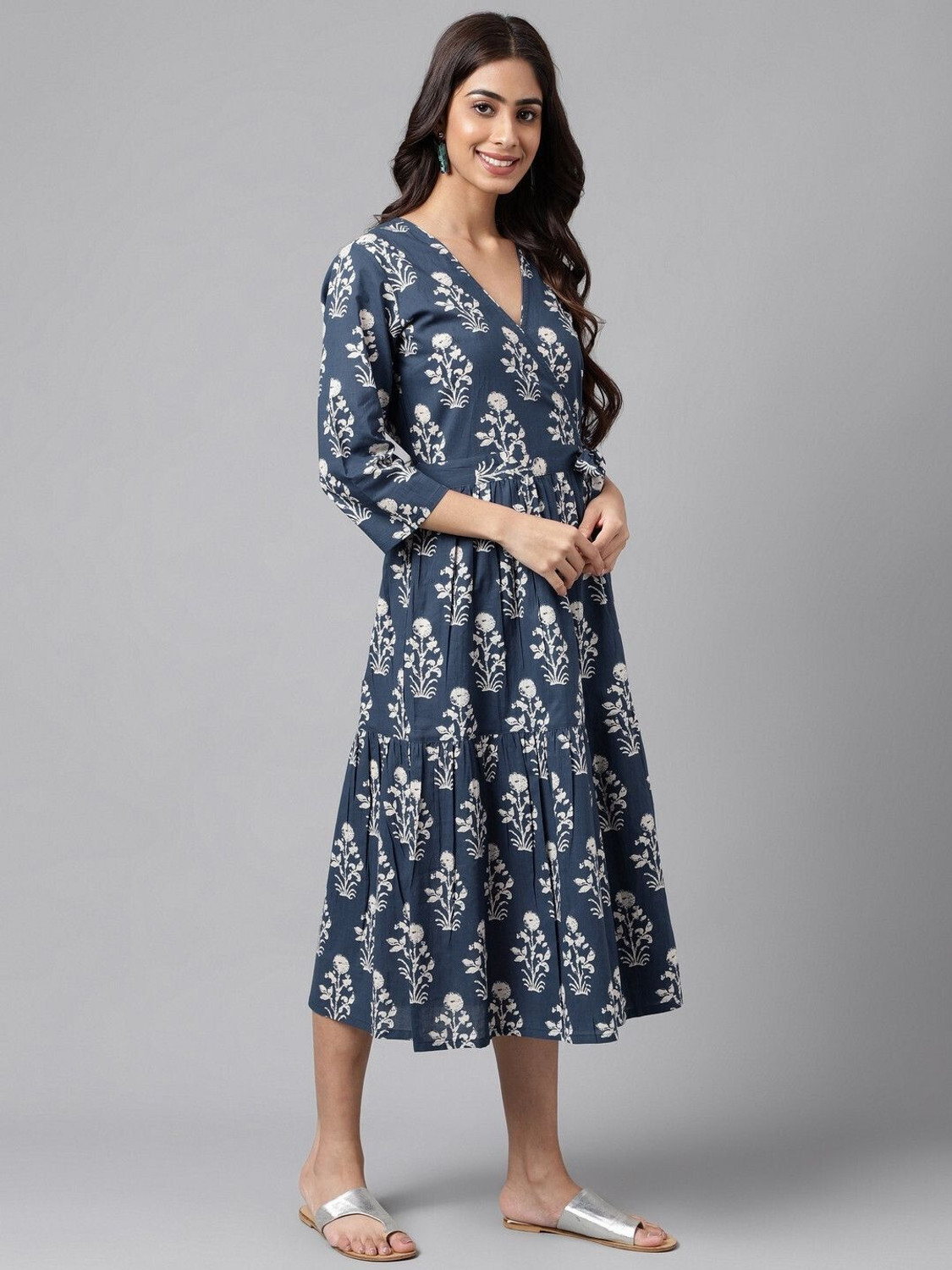 Image of Janasya Women Wrap Dark Blue, White Below Knee Dress