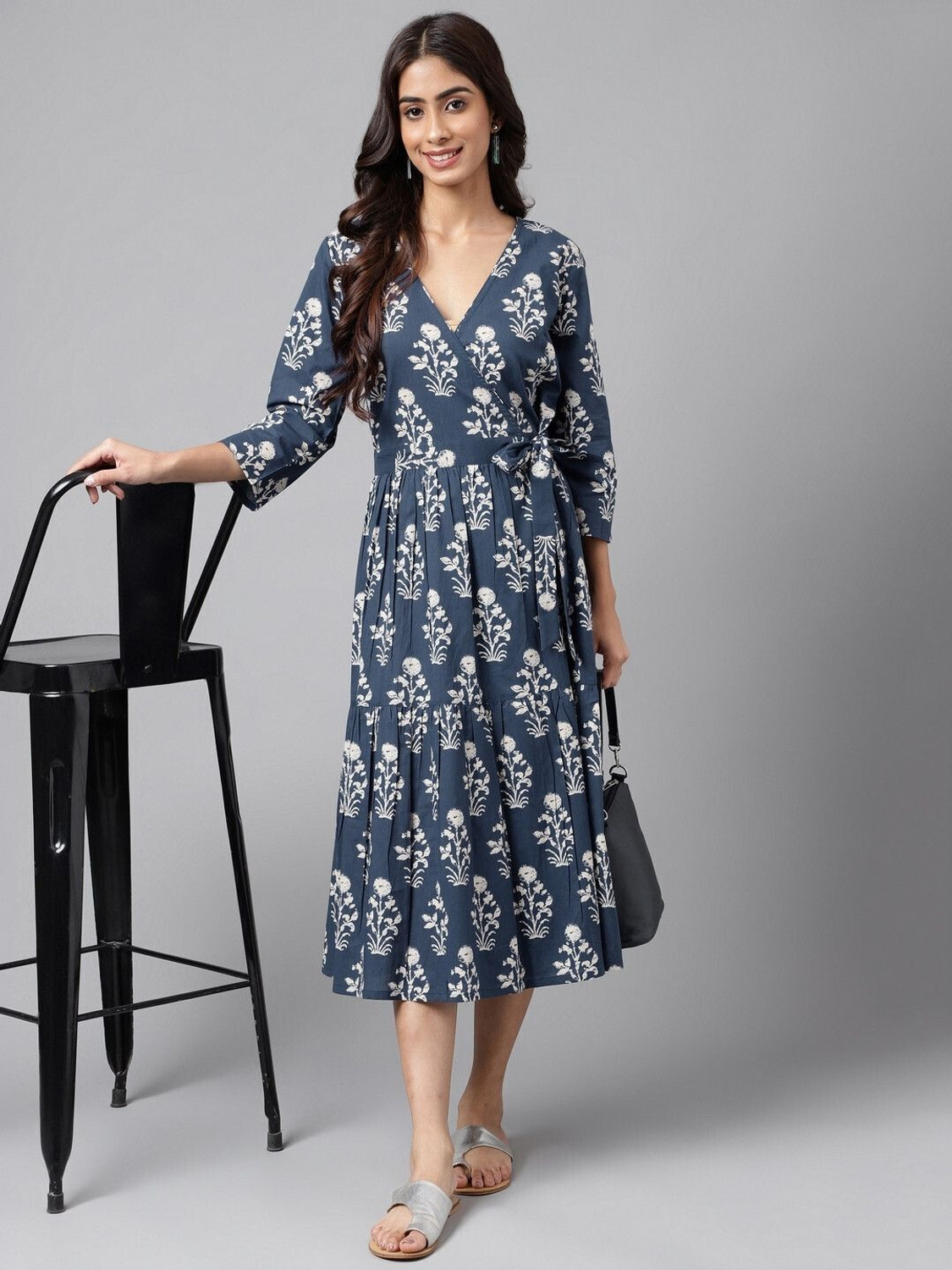 Image of Janasya Women Wrap Dark Blue, White Below Knee Dress