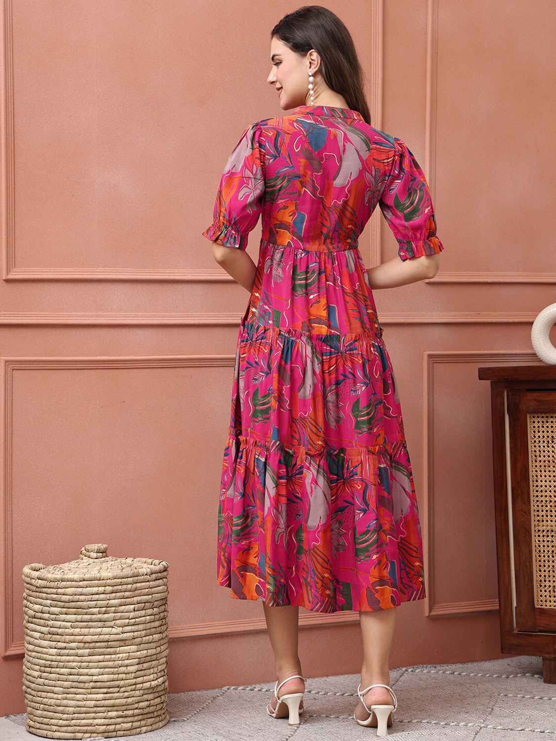 Image of Claura Women Fit and Flare Pink, Multicolor Below Knee Dress