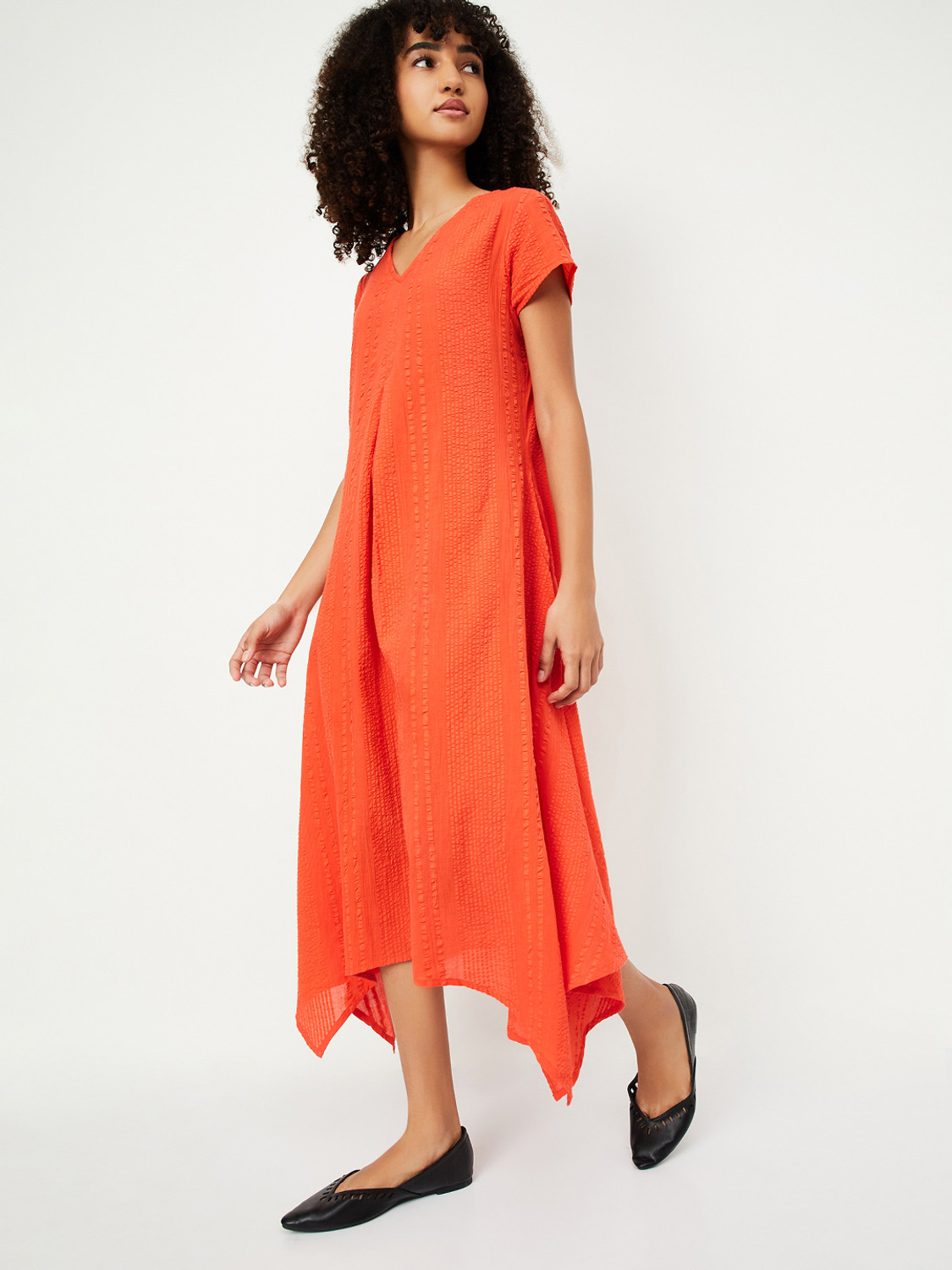 Image of MAX Women Asymmetric Orange Below Knee Dress