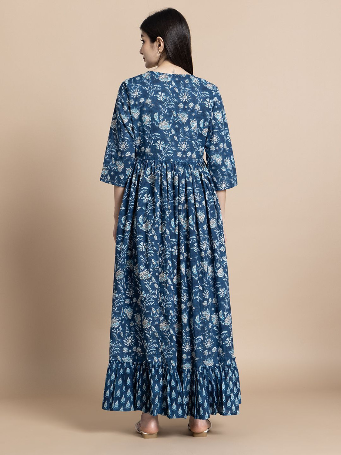 Image of Gulabi Jaipur Women Fit and Flare Blue, White Maxi /Full Length Dress