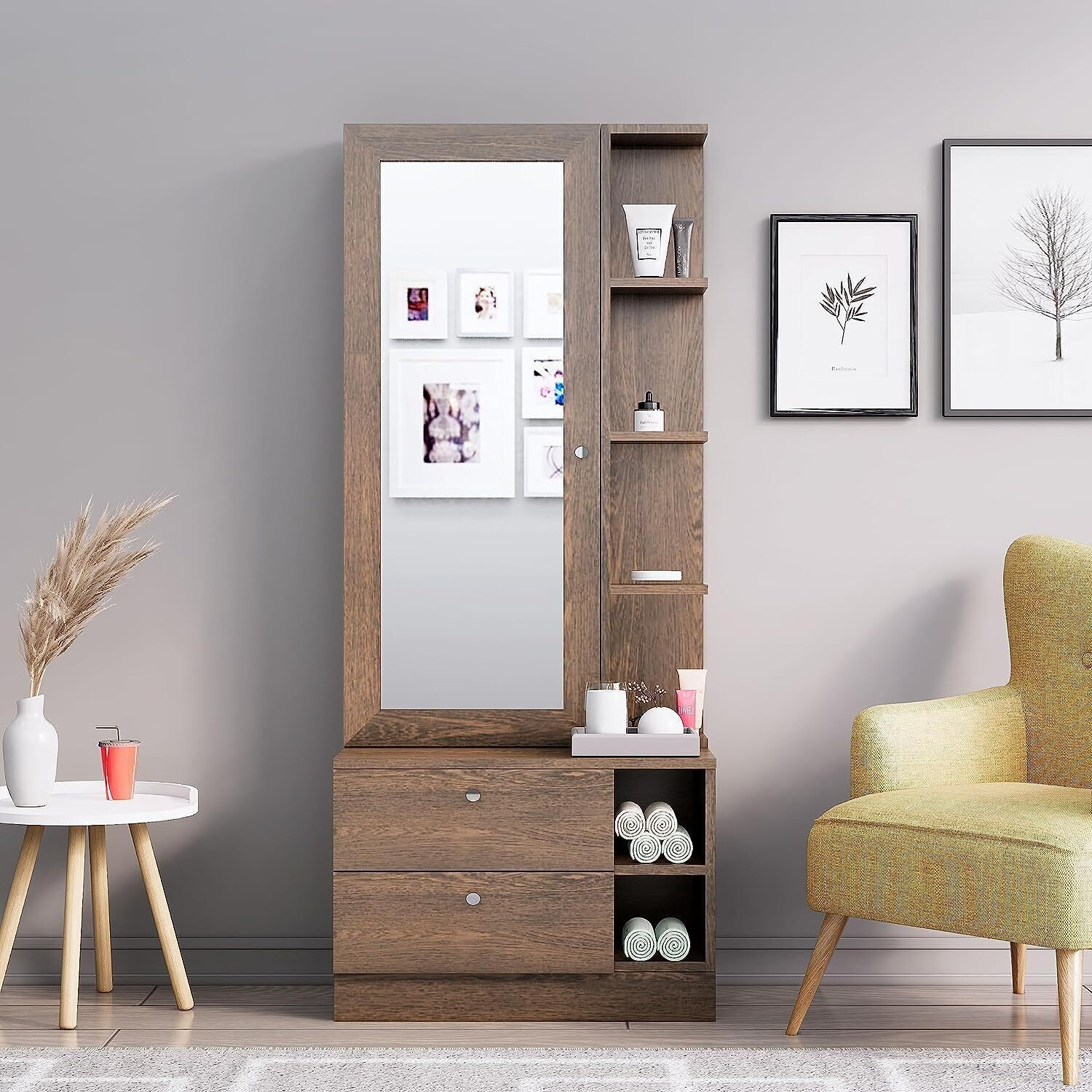Image of Hexa Red Dressing Table with Mirror Two Drawer Storage and Shelves Engineered Wood Dressing Table