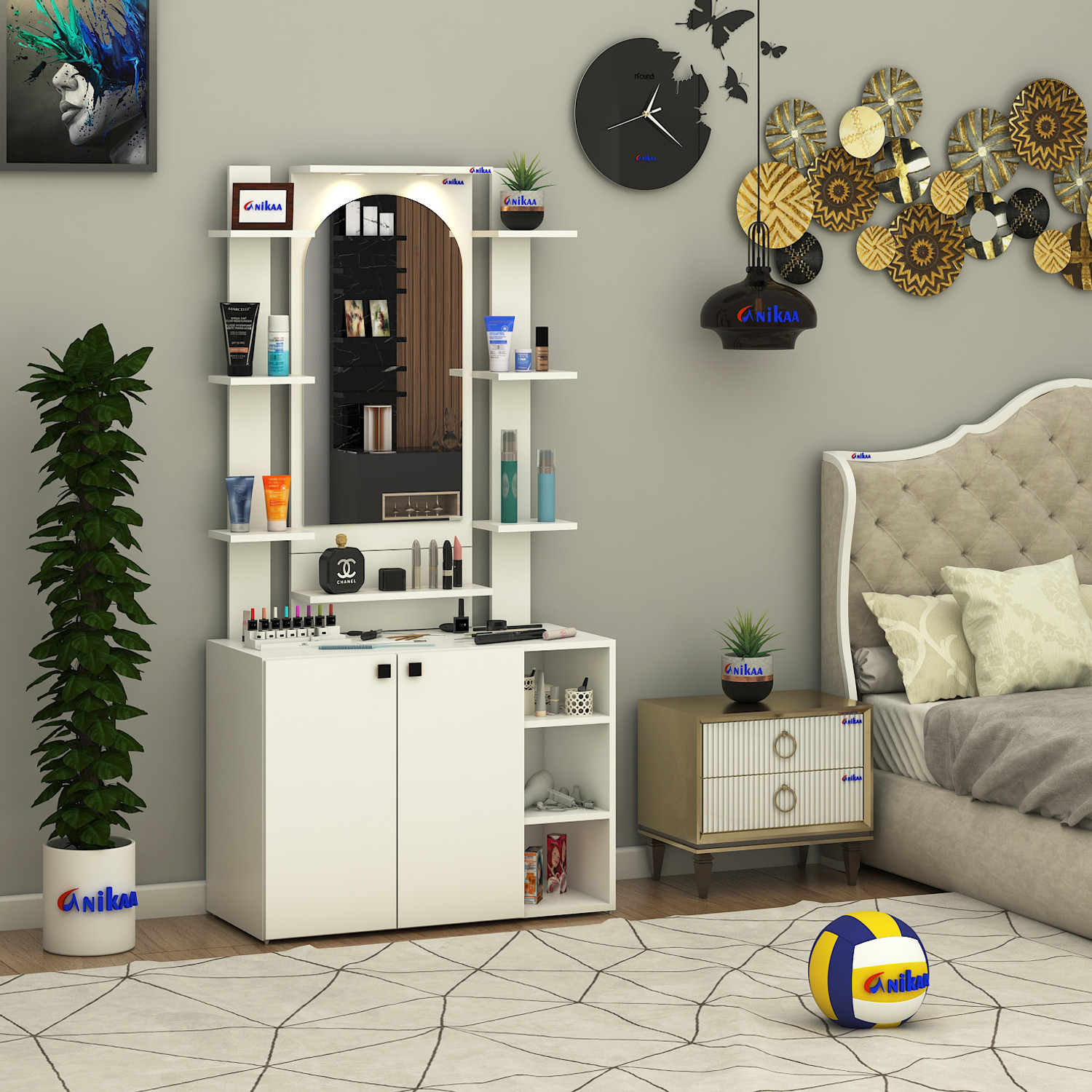 Image of ANIKAA Venza Wall-Mounted Mirror with LED Light Shelf & Makeup Vanity Cabinet Storage Engineered Wood Dressing Table
