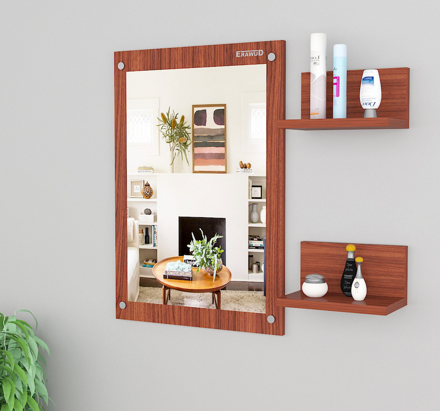 Image of ERAWUD Wood Wall Mount Dressing Table Mirror With Shelves For Home Decor Engineered Wood Dressing Table