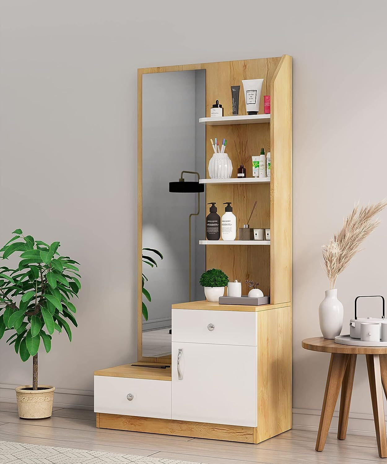 Image of Hexa Red Dressing Table with Mirror and 2 Drawer With 1 Door Storage Shelf for Bedroom Engineered Wood Dressing Table