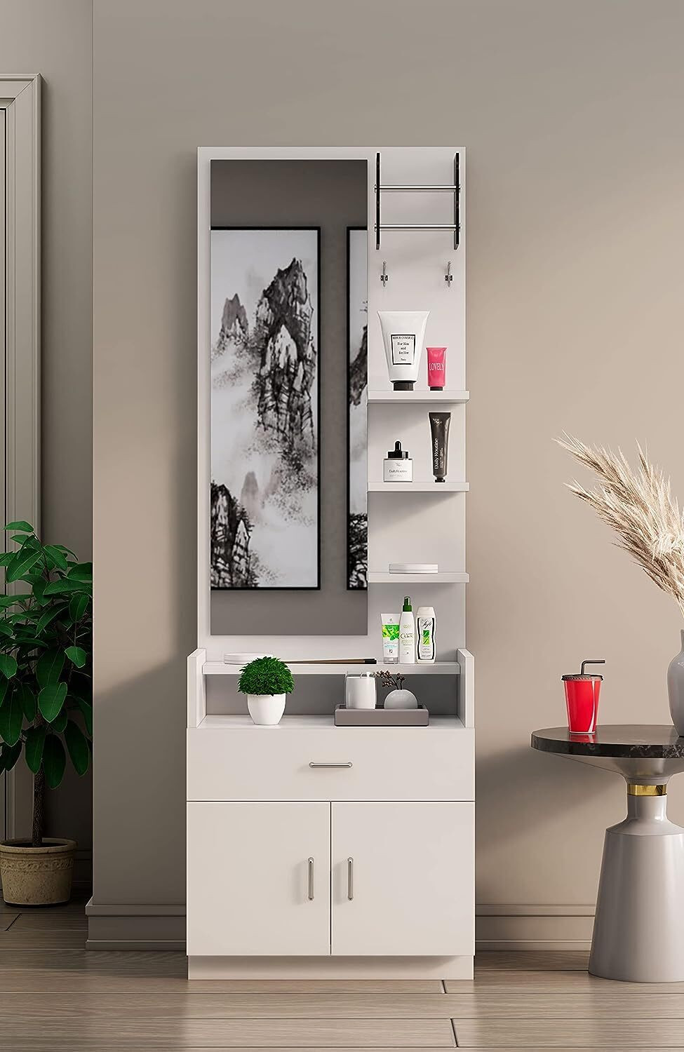Image of Hexa Red Engineered Wood Dressing Table with Mirror and Shelf Storage Engineered Wood Dressing Table