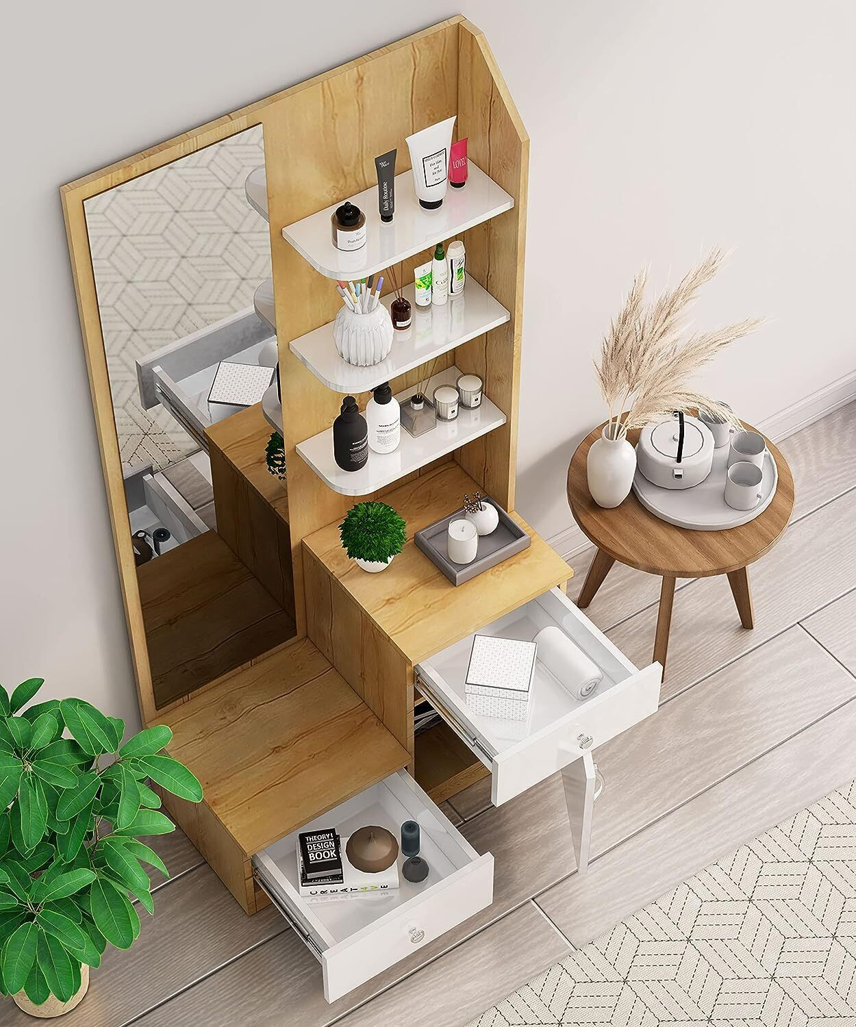 Image of Hexa Red Dressing Table with Mirror and 2 Drawer With 1 Door Storage Shelf for Bedroom Engineered Wood Dressing Table