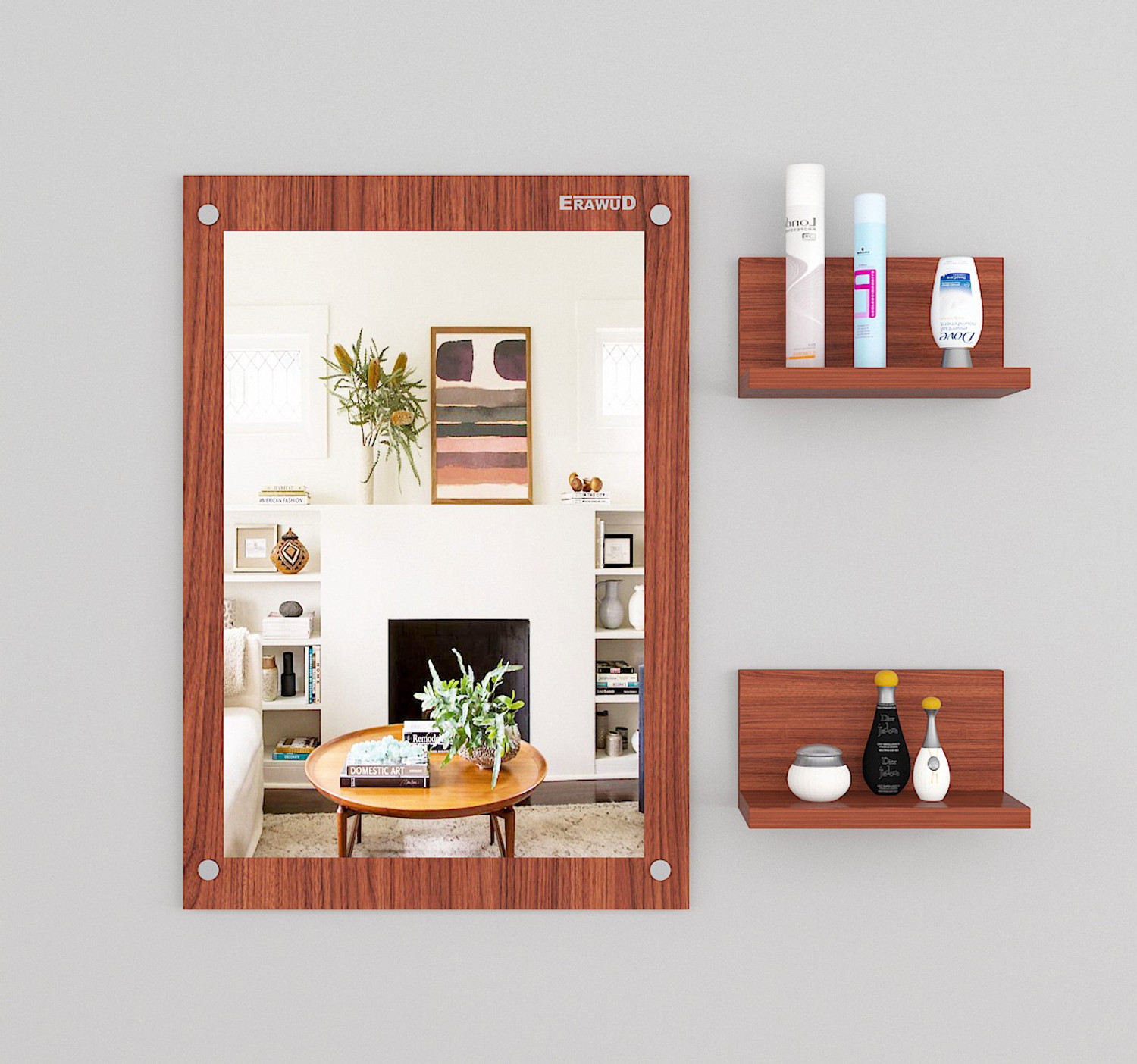 Image of ERAWUD Wood Wall Mount Dressing Table Mirror With Shelves For Home Decor Engineered Wood Dressing Table