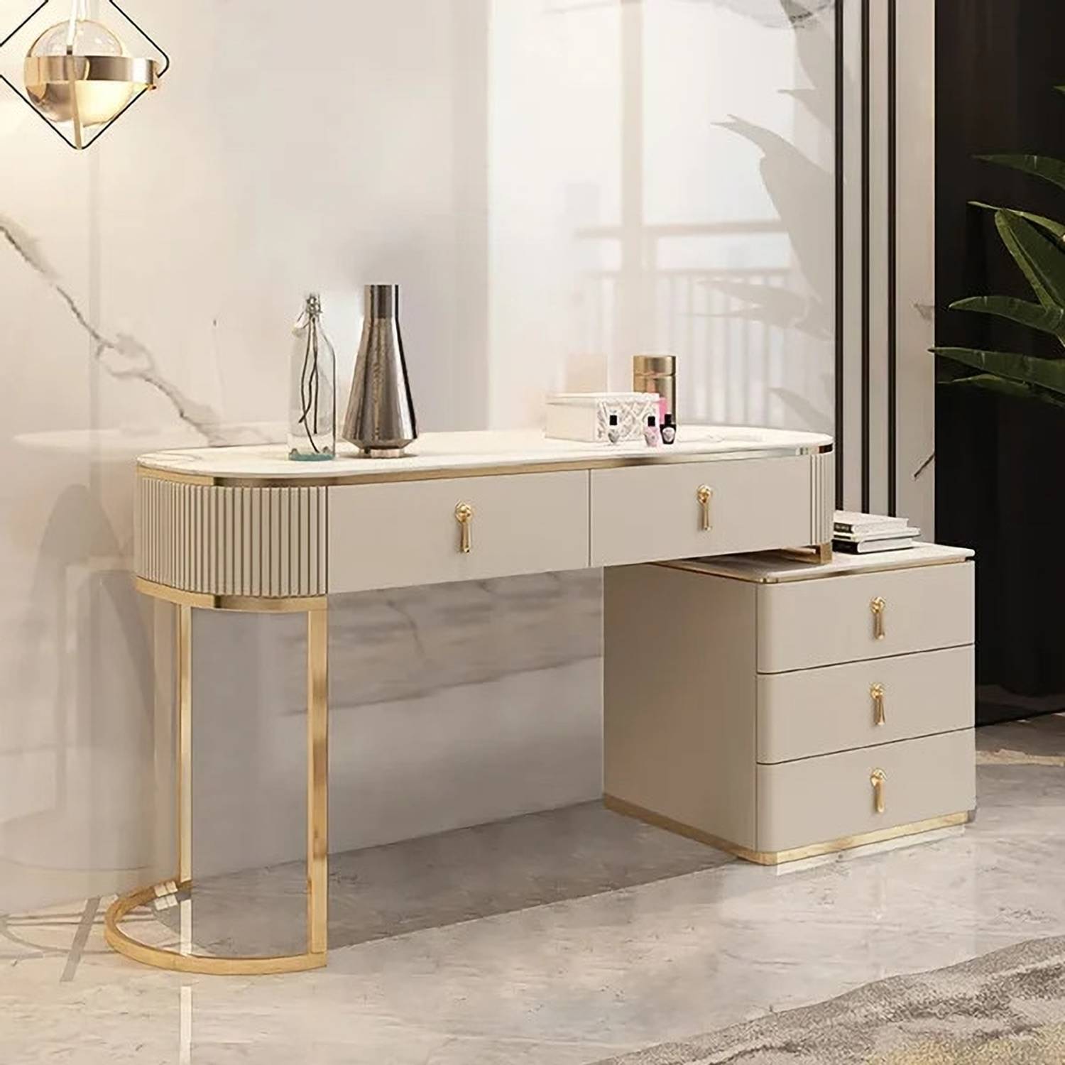 KDINTERIORS Nordic Makeup Vanity Extendable with 5-Drawer Dressin