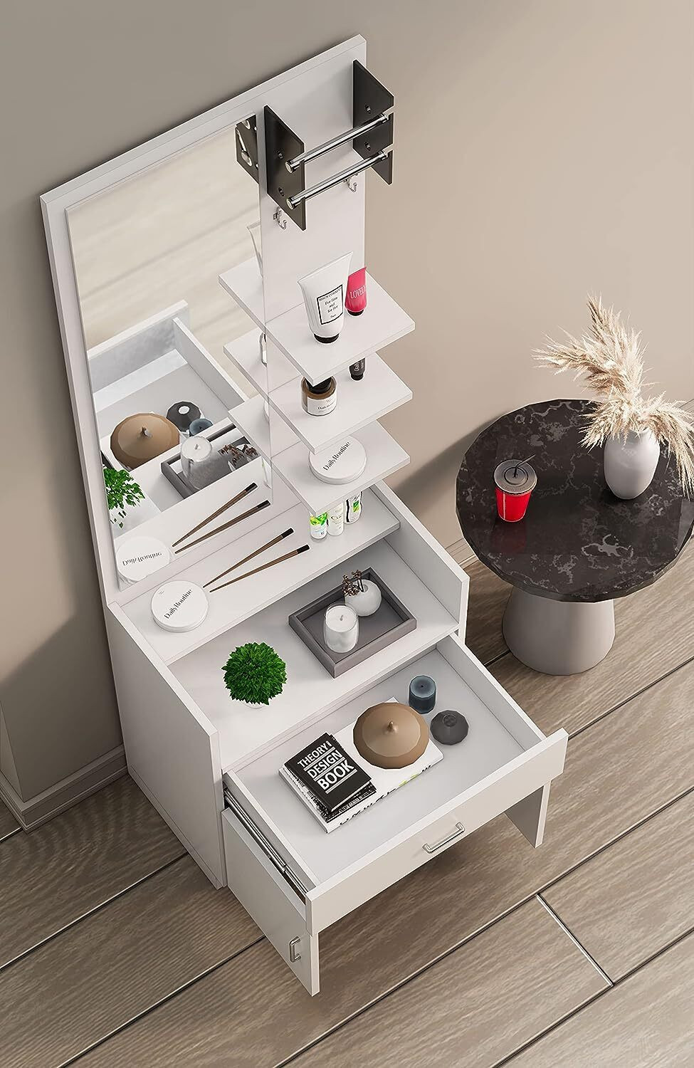 Image of Hexa Red Engineered Wood Dressing Table with Mirror and Shelf Storage Engineered Wood Dressing Table