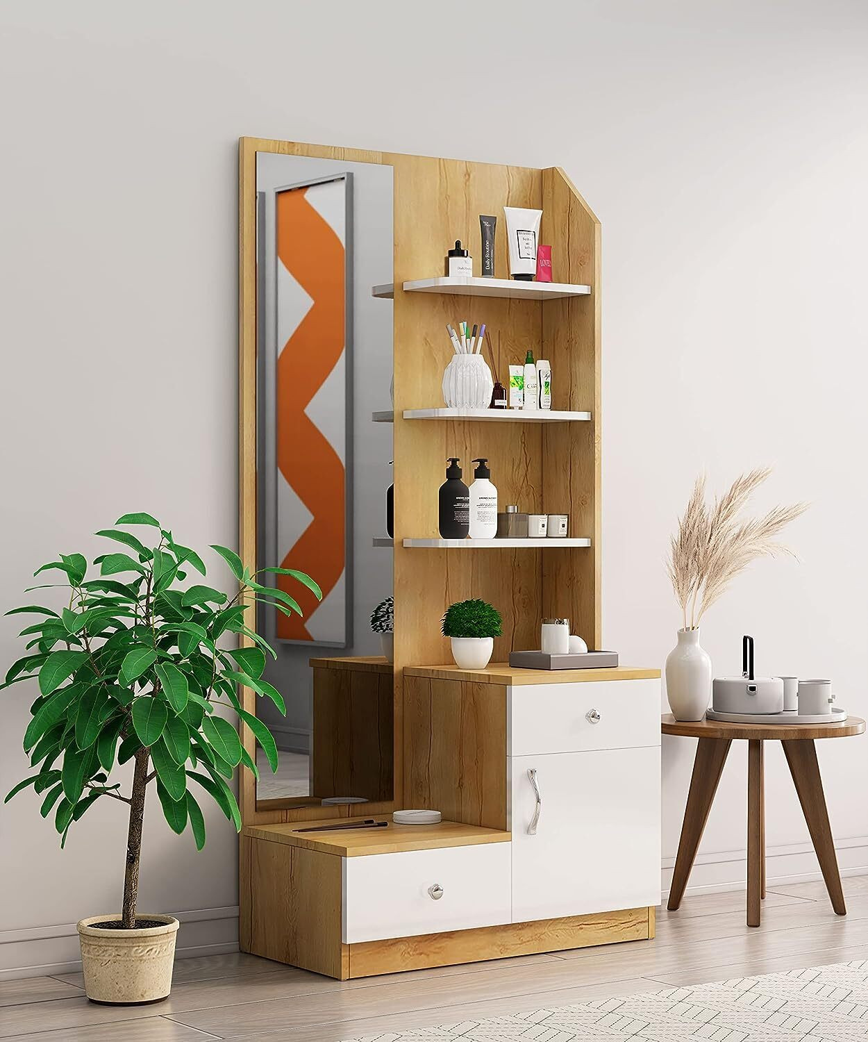 Image of Hexa Red Dressing Table with Mirror and 2 Drawer With 1 Door Storage Shelf for Bedroom Engineered Wood Dressing Table