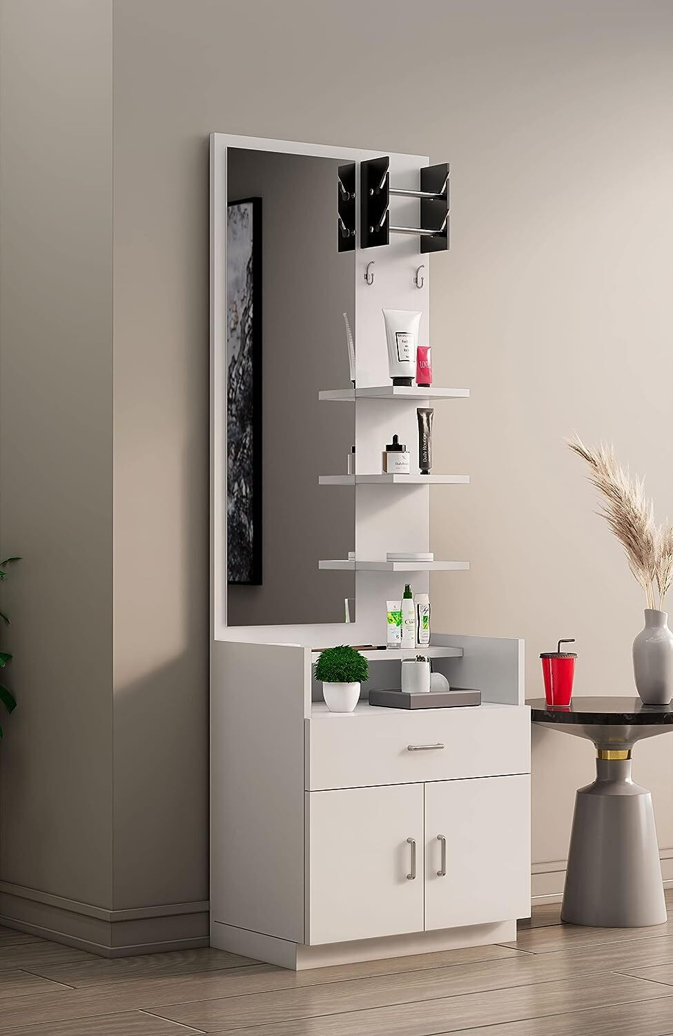 Image of Hexa Red Engineered Wood Dressing Table with Mirror and Shelf Storage Engineered Wood Dressing Table