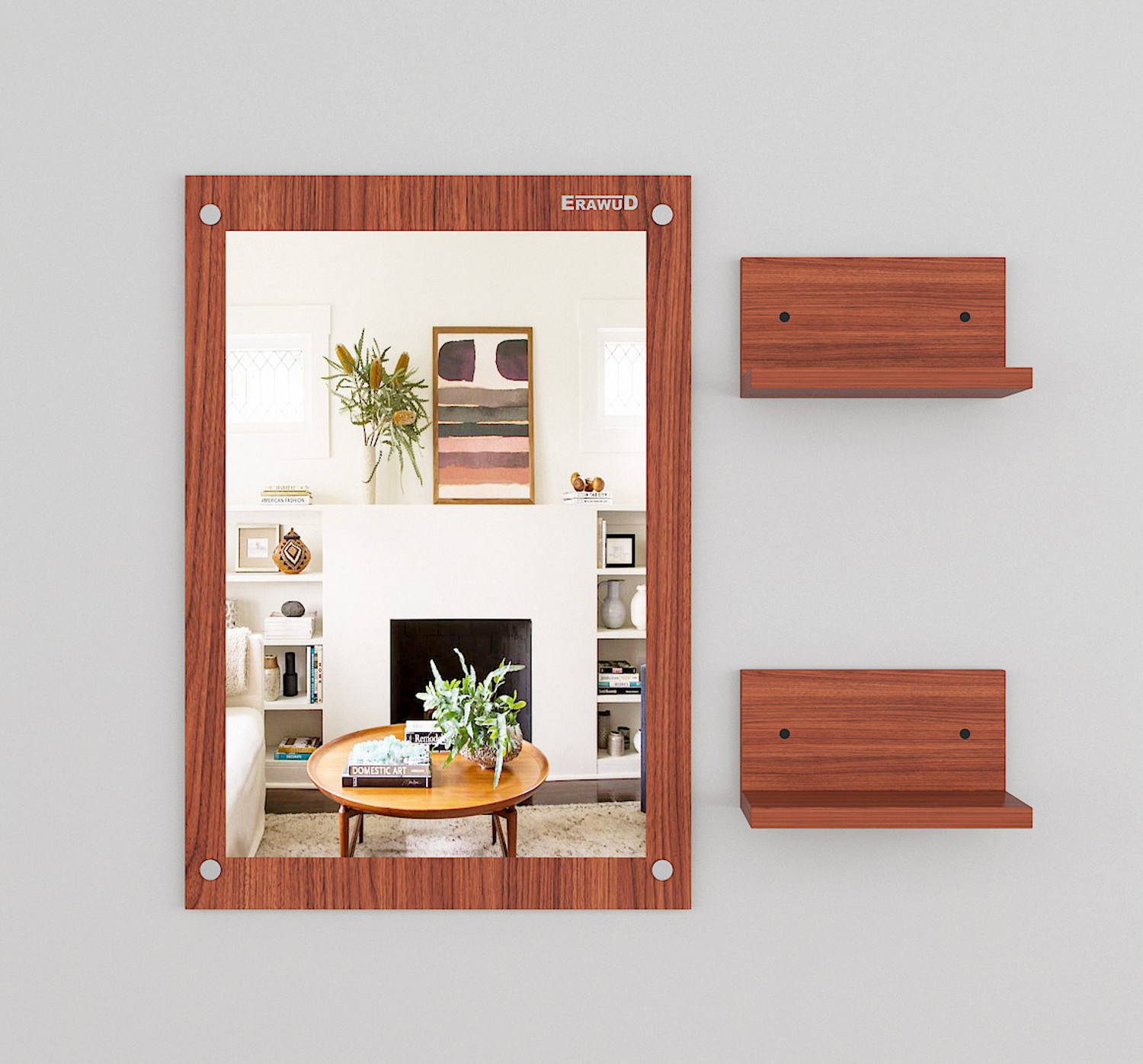 Image of ERAWUD Wood Wall Mount Dressing Table Mirror With Shelves For Home Decor Engineered Wood Dressing Table