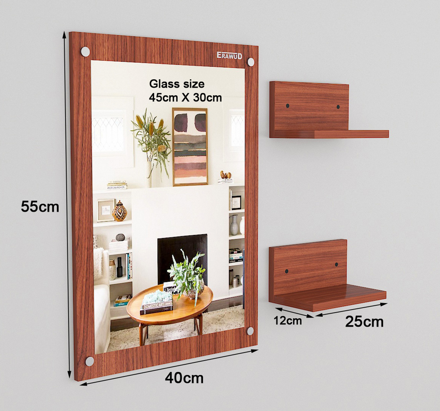 Image of ERAWUD Wood Wall Mount Dressing Table Mirror With Shelves For Home Decor Engineered Wood Dressing Table