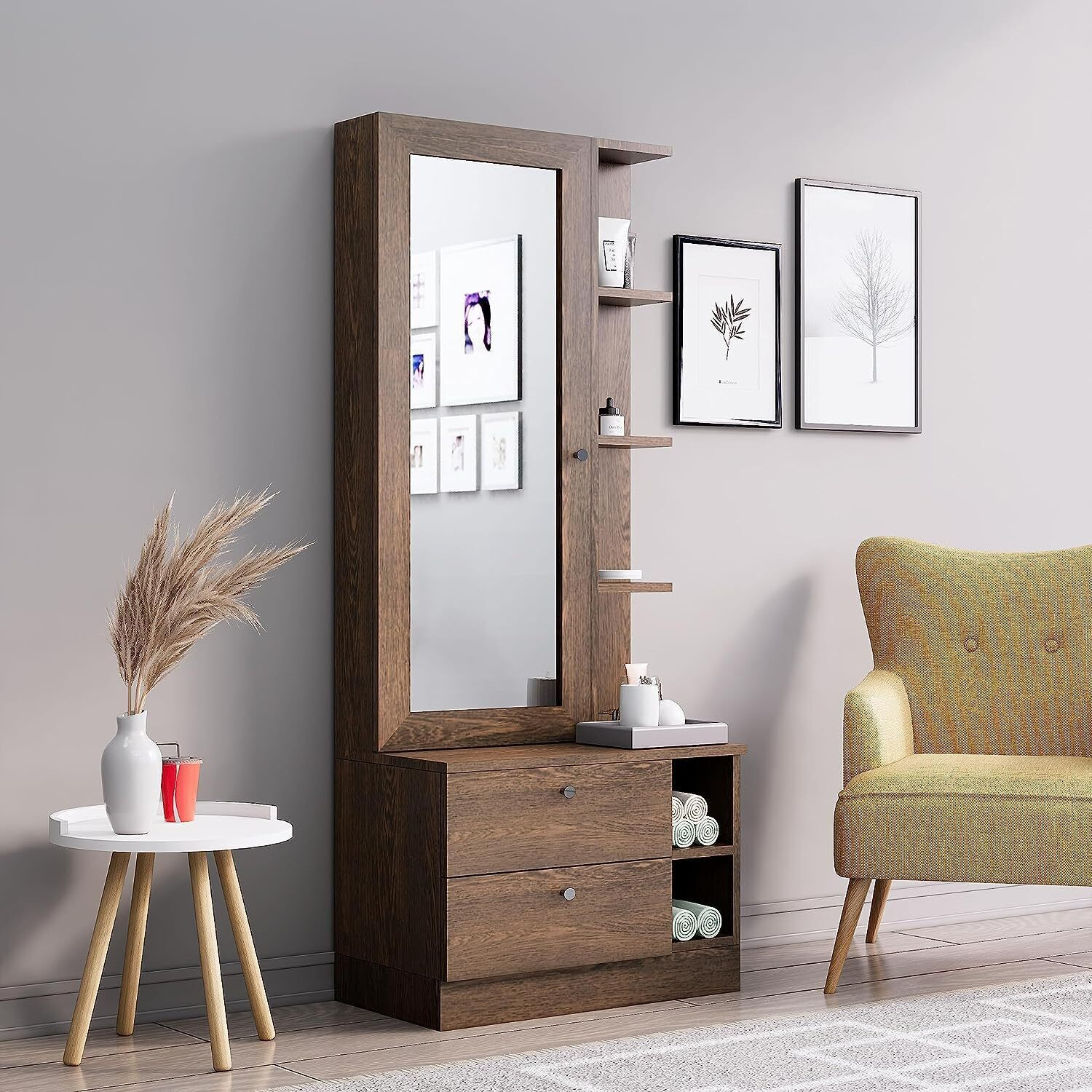 Image of Hexa Red Dressing Table with Mirror Two Drawer Storage and Shelves Engineered Wood Dressing Table