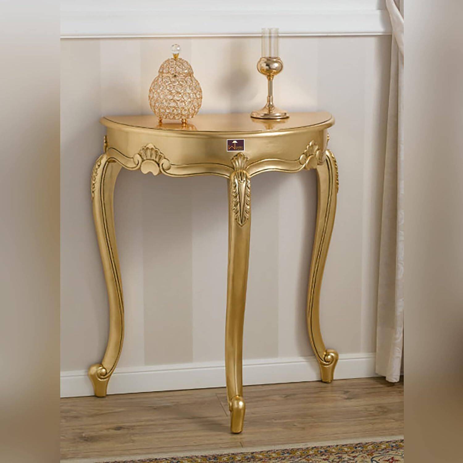 India wood mart Console Table Arlette Half Moon STYLE(Golden Leaf