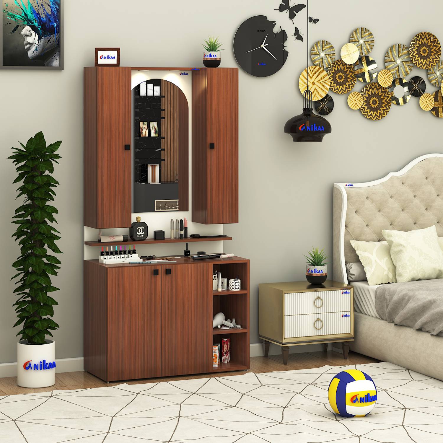 ANIKAA Opulex Dressing Table/Wall Mounted Makeup Vanity Mirror Cabinet with LED Lights Engineered Wood Dressing Table