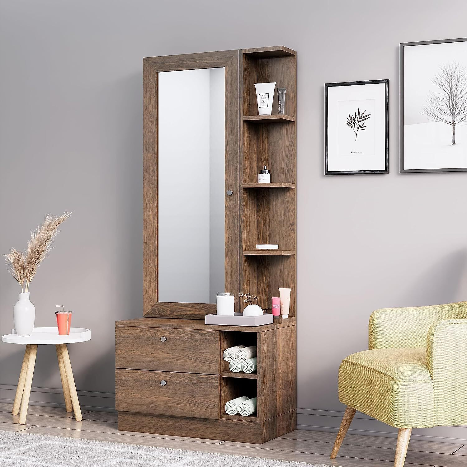 Image of Hexa Red Dressing Table with Mirror Two Drawer Storage and Shelves Engineered Wood Dressing Table