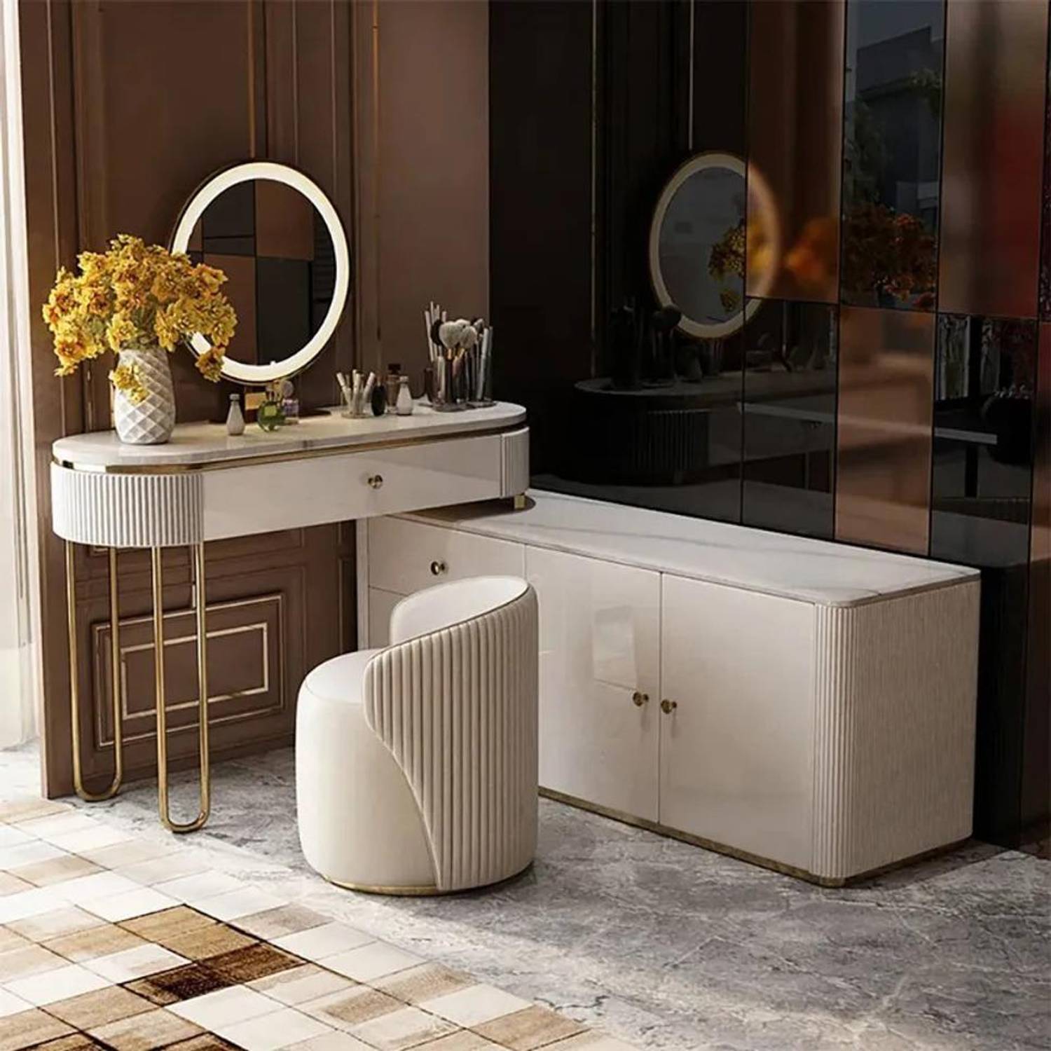NG Decor Oboval Modern Marble Top Makeup Vanity Dressing Table wi
