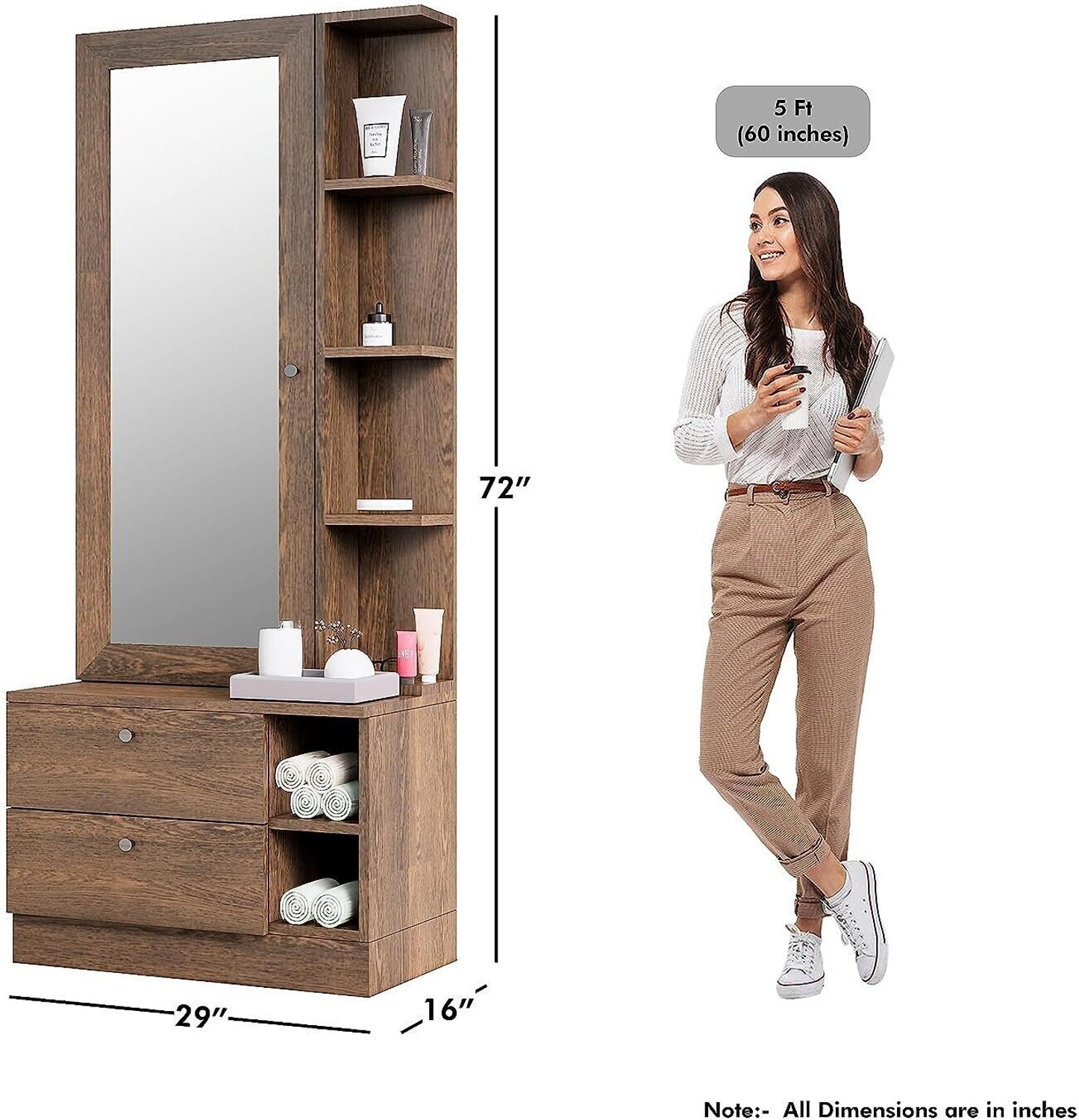 Image of Hexa Red Dressing Table with Mirror Two Drawer Storage and Shelves Engineered Wood Dressing Table