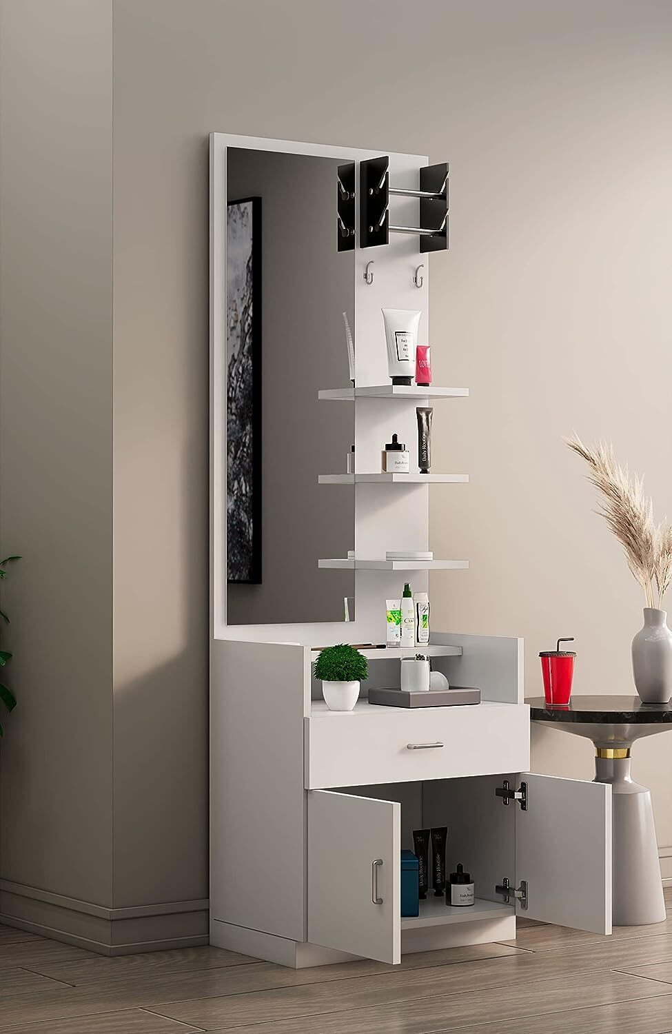 Image of Hexa Red Engineered Wood Dressing Table with Mirror and Shelf Storage Engineered Wood Dressing Table