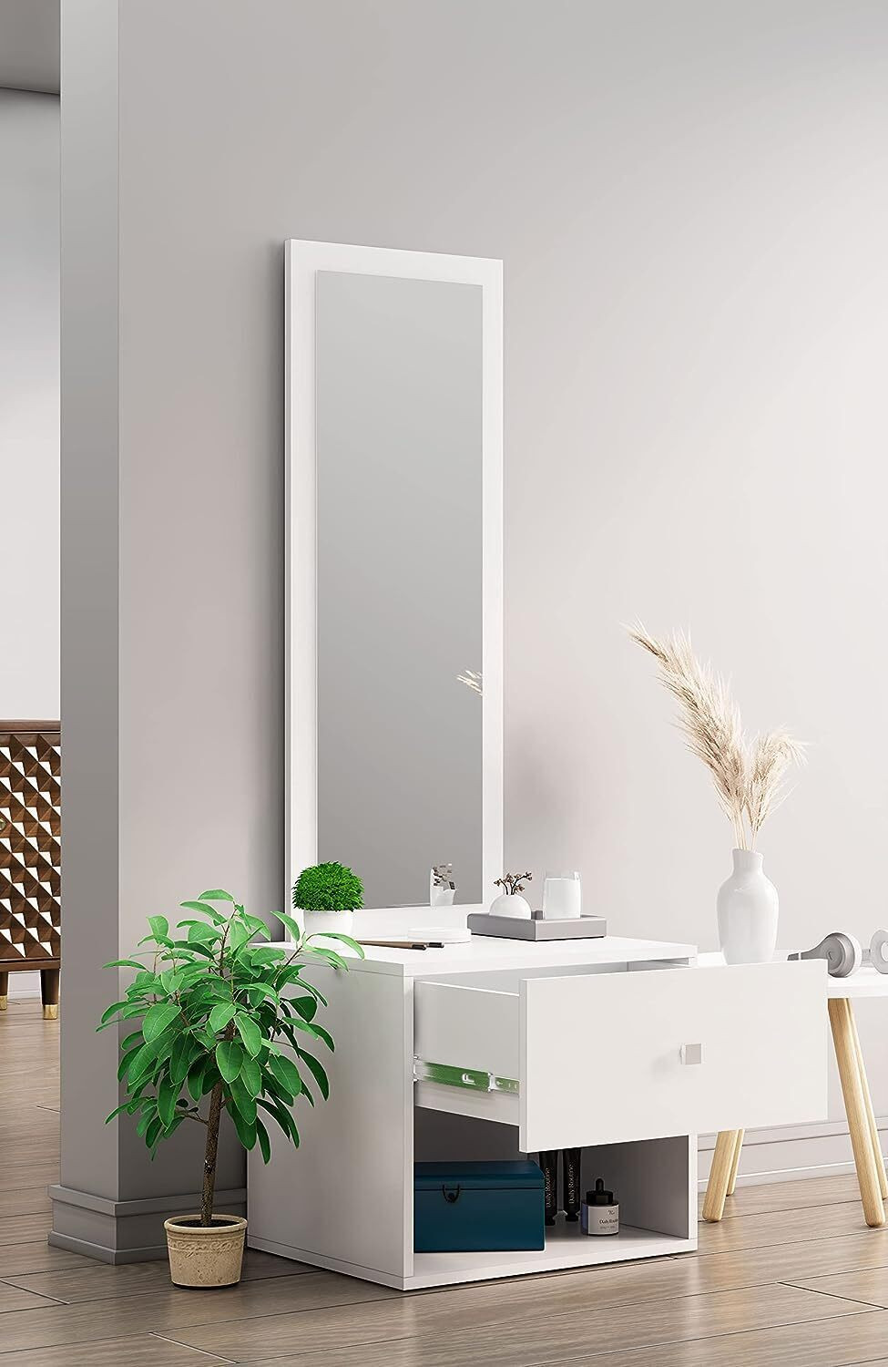 Image of Hexa Red Dressing Table with Mirror and Drawer Storage Shelf for Bedroom Engineered Wood Dressing Table