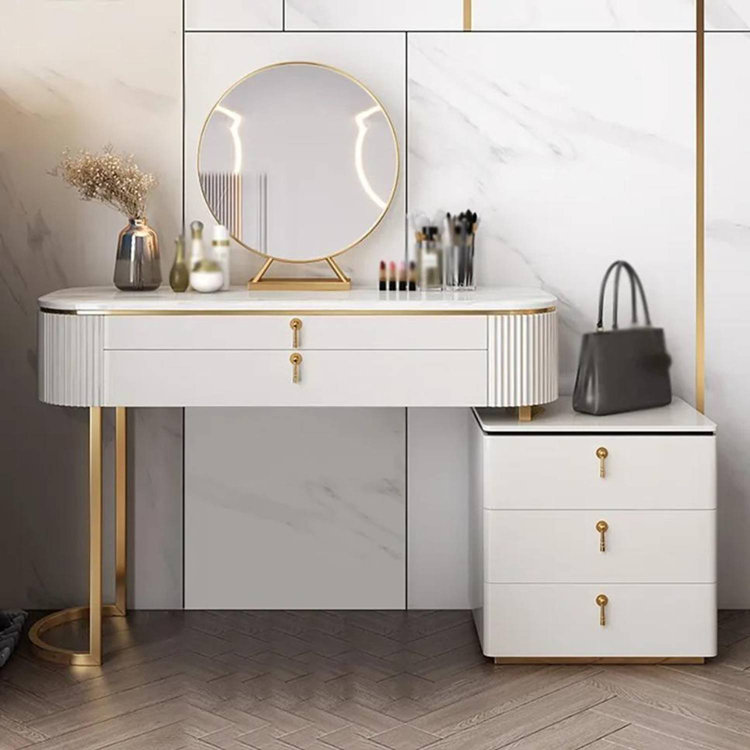 NG Decor Pewter Modern 5-Drawer White Makeup Vanity Table Mirror