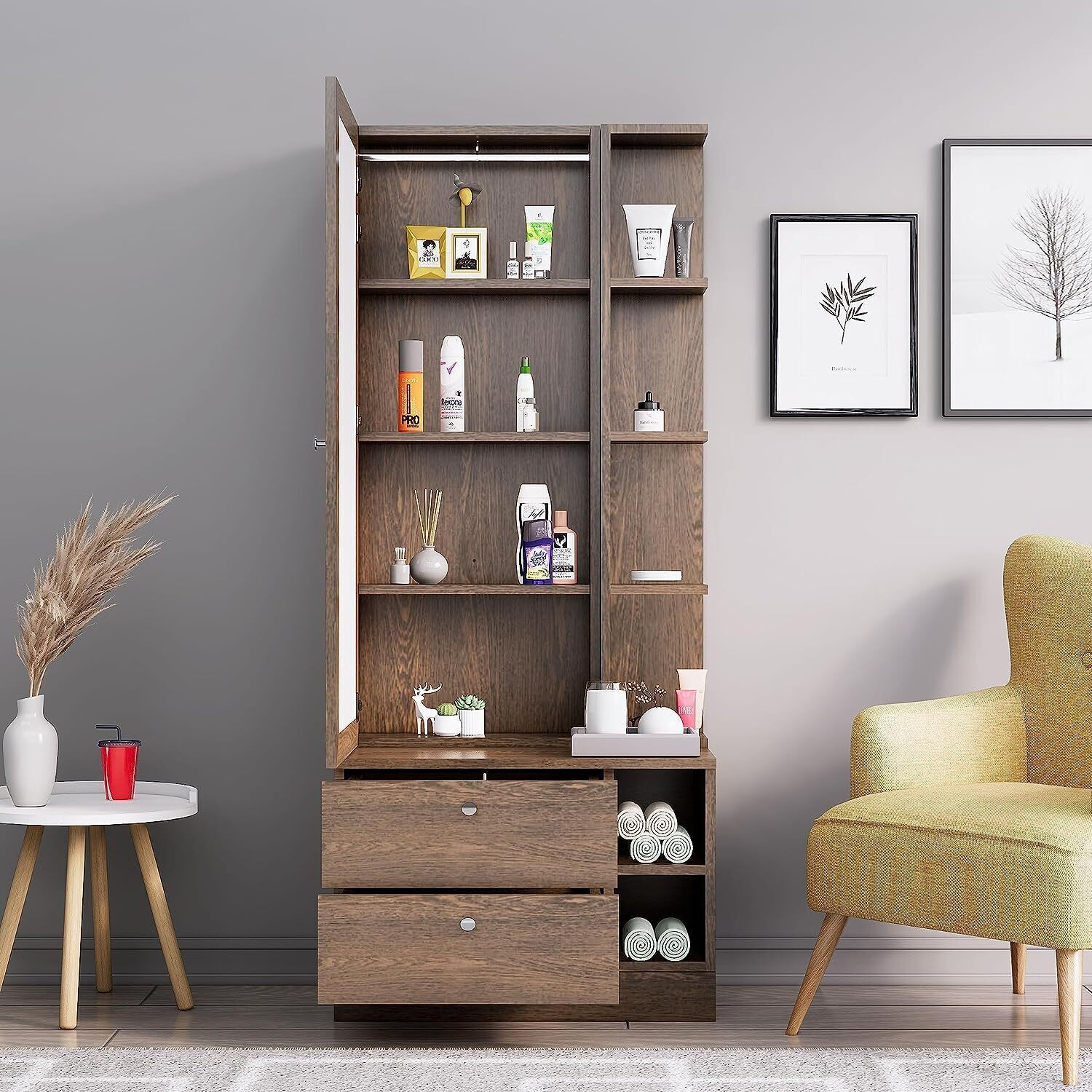 Image of Hexa Red Dressing Table with Mirror Two Drawer Storage and Shelves Engineered Wood Dressing Table