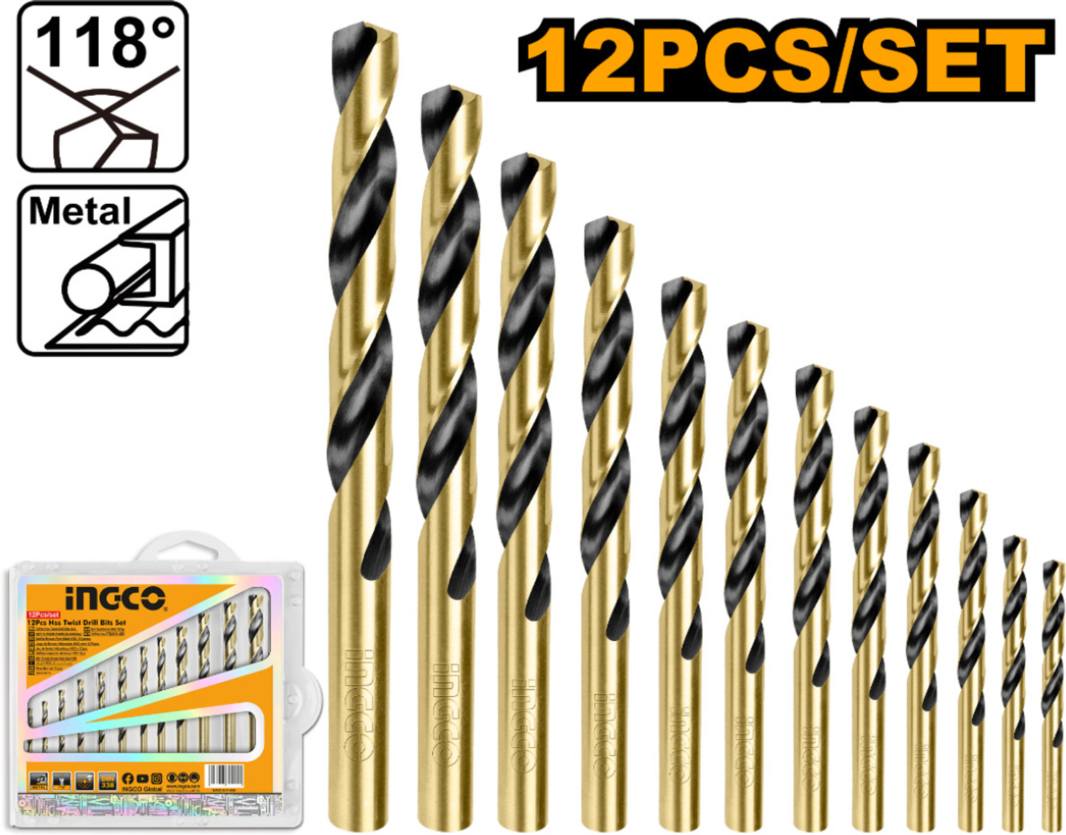 Image of INGCO 12pcs HSS Metal Drill Bit Set (2mm-8mm) | High Speed Steel Drill Bits AKDB1125