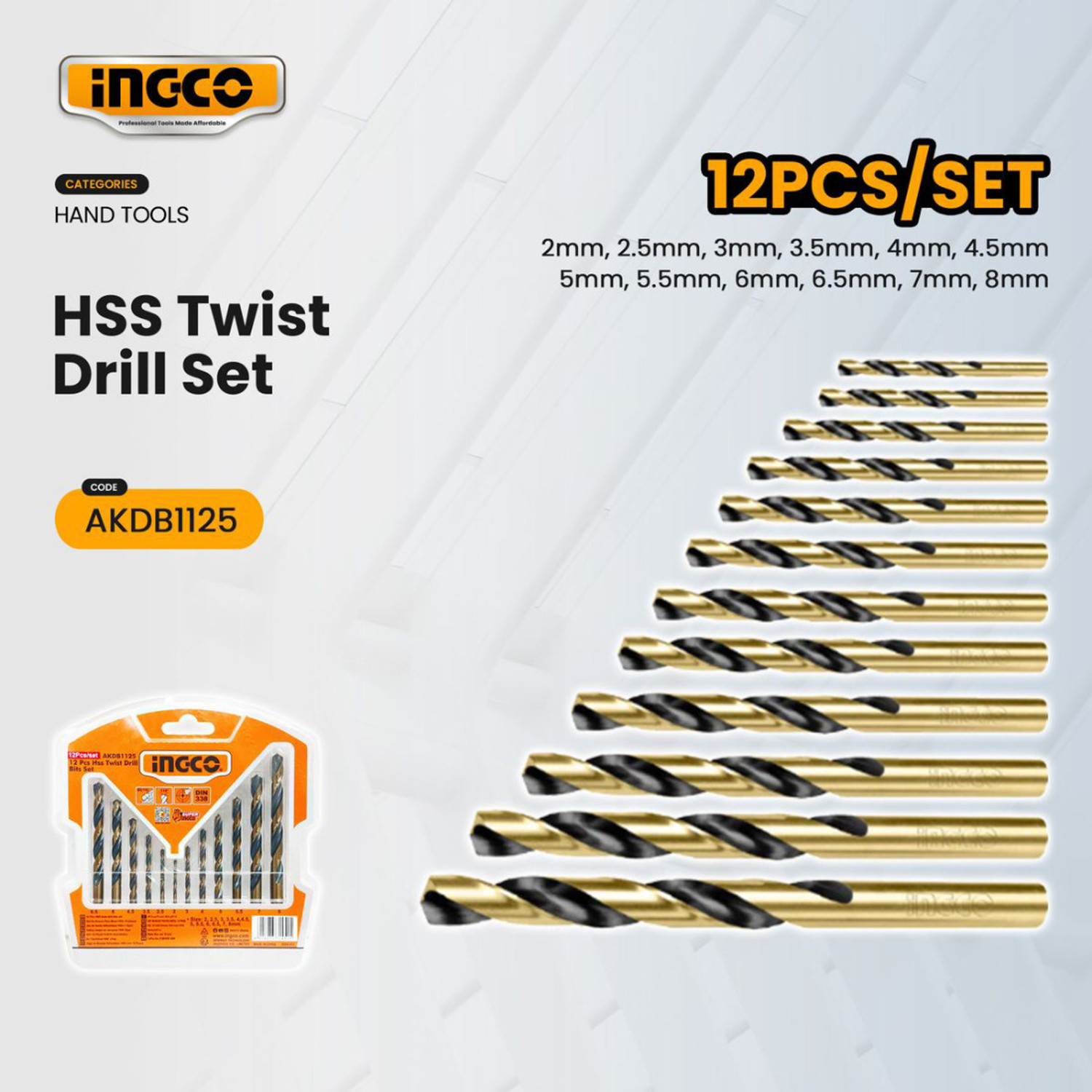 Image of INGCO 12pcs HSS Metal Drill Bit Set (2mm-8mm) | High Speed Steel Drill Bits AKDB1125