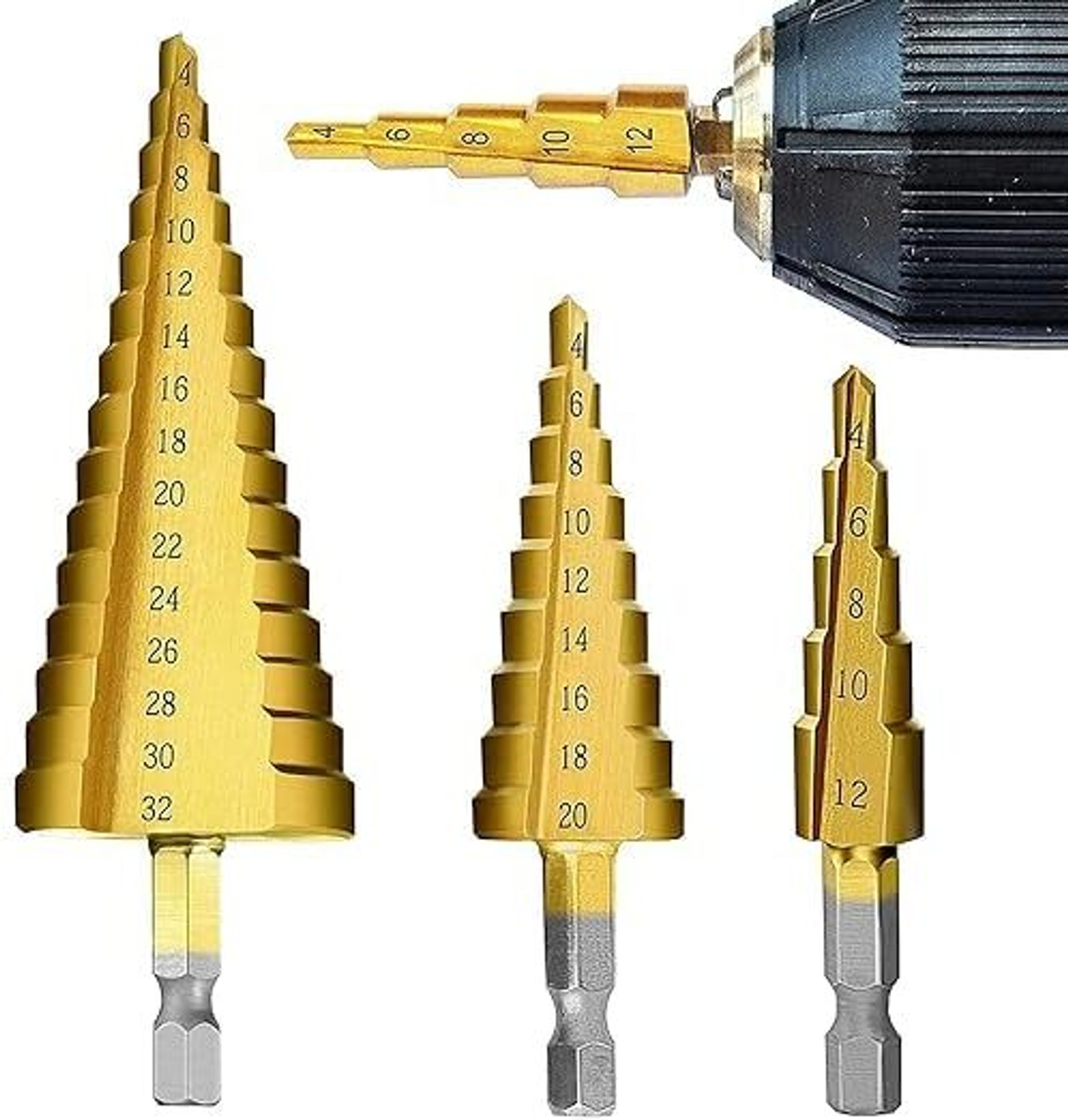 Image of Peacemakers 3 Pcs HSS Step Drill Bit High Speed Steel Titanium Coated Large Hole Step Bits for Metal Wood Plastic