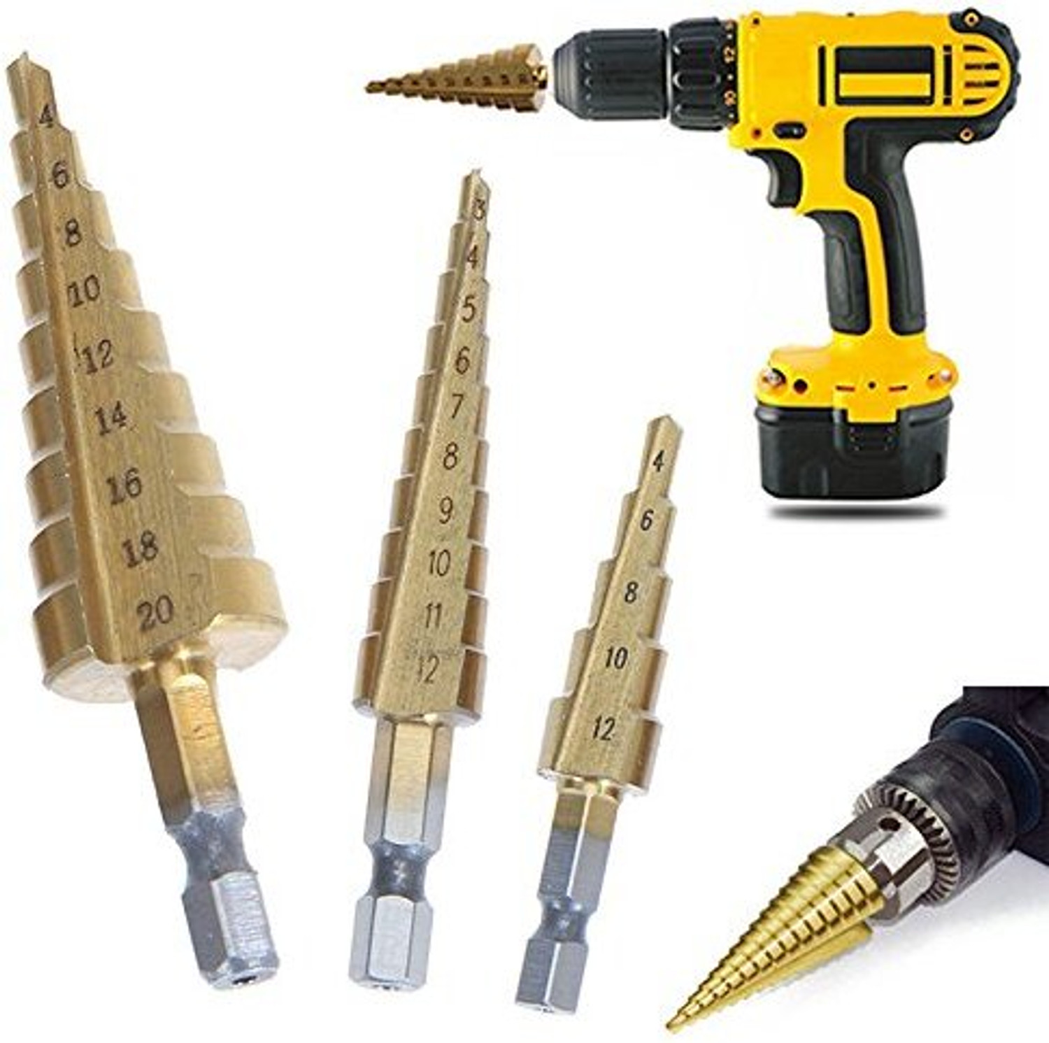 Image of PKT 3Pcs /lot HSS Steel Large Step Cone Titanium Coated Metal Drill Bit Cut Tool Set Hole Cutter 4-12 /20 /32mm