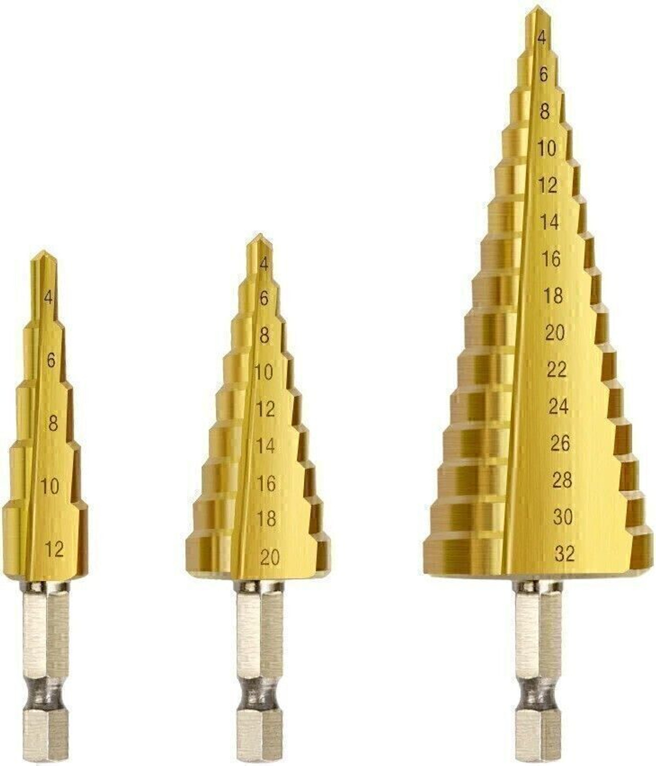 Image of RDX 3Pc Hss Step Cone Taper Drill Bit Set Hole Cutter Metric 4-12 /20 /32Mm 1 /4 Inch Titanium Coated Metal Hex Bits NA Specialty Woodworking Bits Set