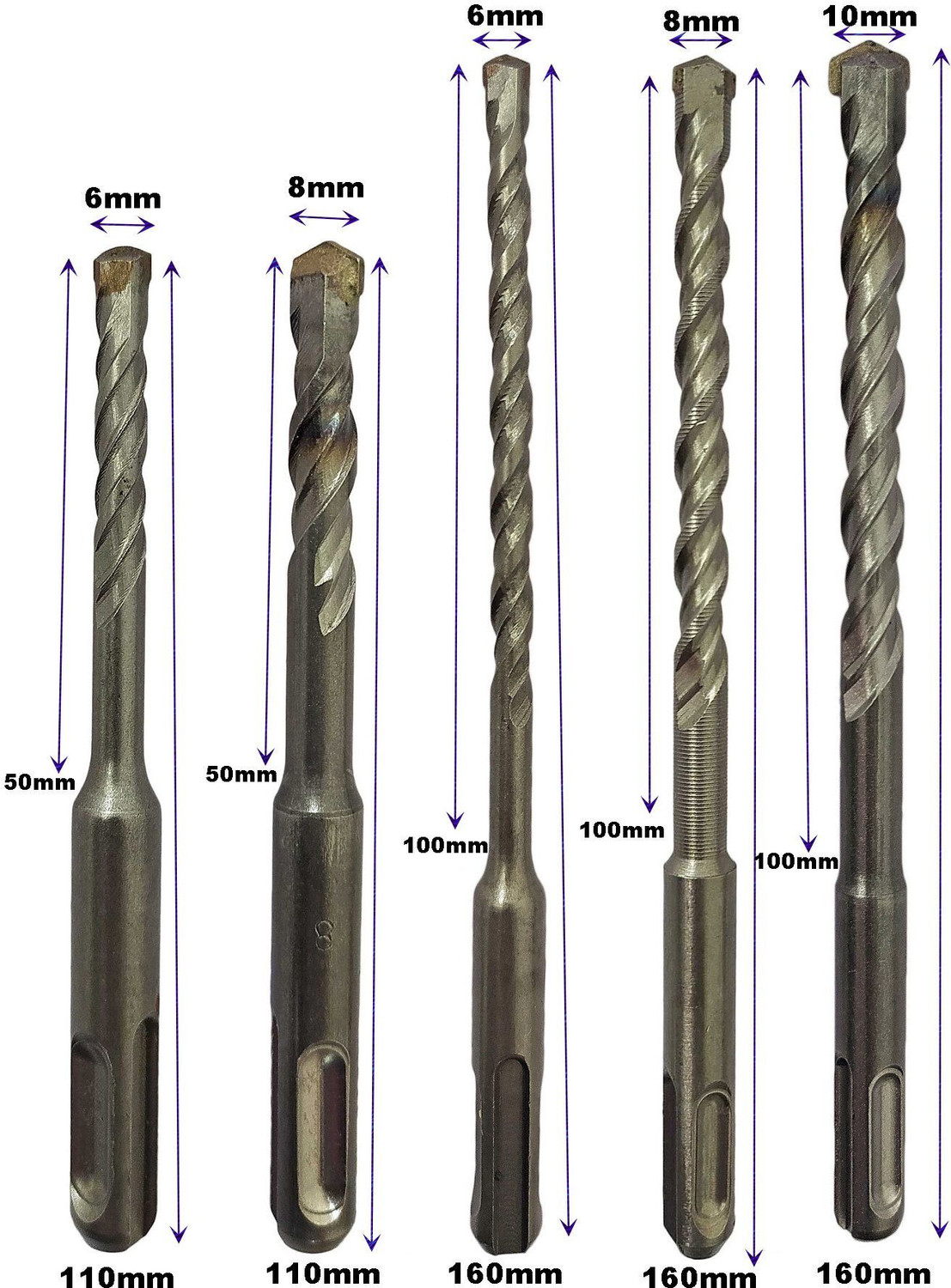Image of Inditools 5pcs set SDS Rotary Hammer Impact Drill Bit Kit SDS size 6x110mm ,8x110mm , 6x160mm , 8x160mm ,10x160mm