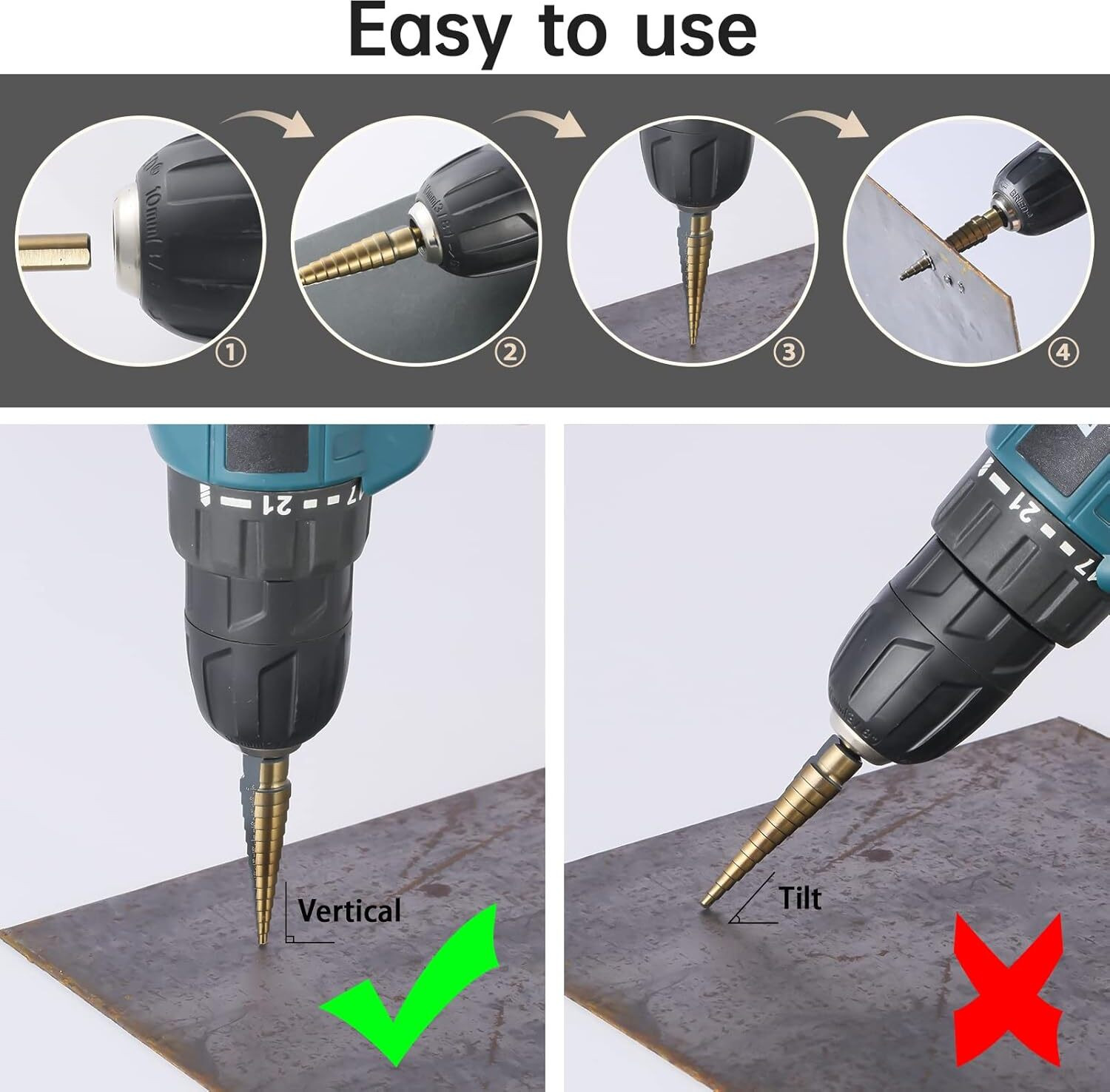 Image of Daccfy Step drill bits, 5pcs hss titanium step drill bit set high speed steel step bits for metal with aluminum case