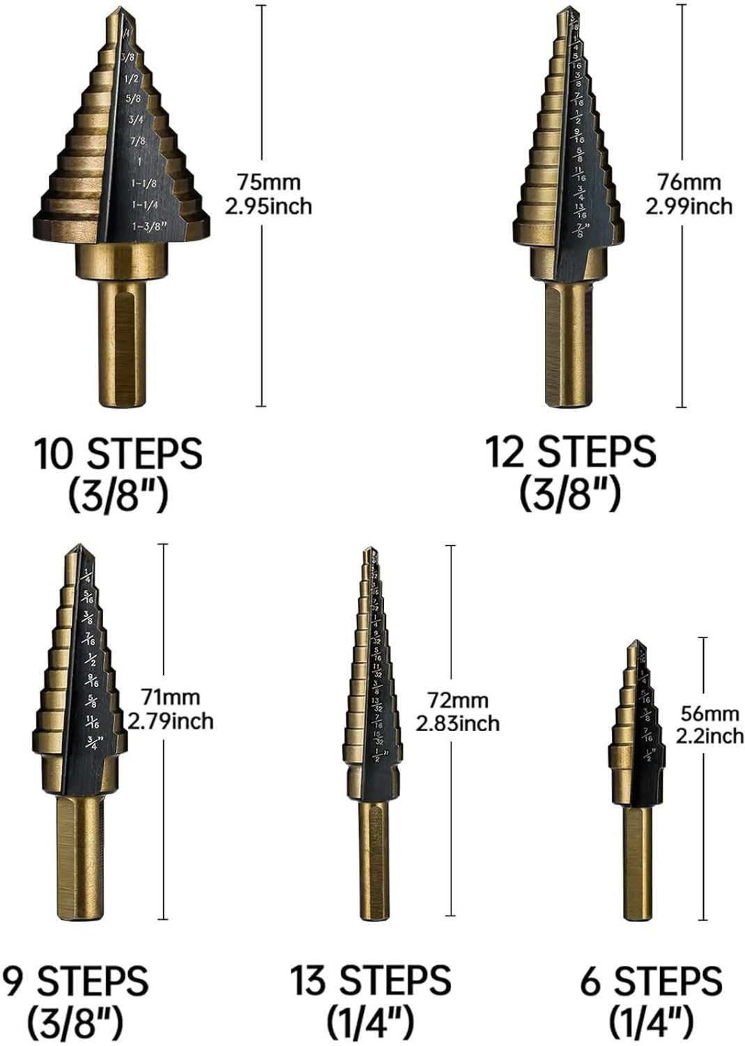 Image of Daccfy Step drill bits, 5pcs hss titanium step drill bit set high speed steel step bits for metal with aluminum case