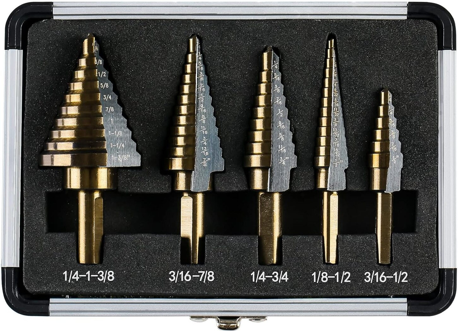 Image of Daccfy Step drill bits, 5pcs hss titanium step drill bit set high speed steel step bits for metal with aluminum case