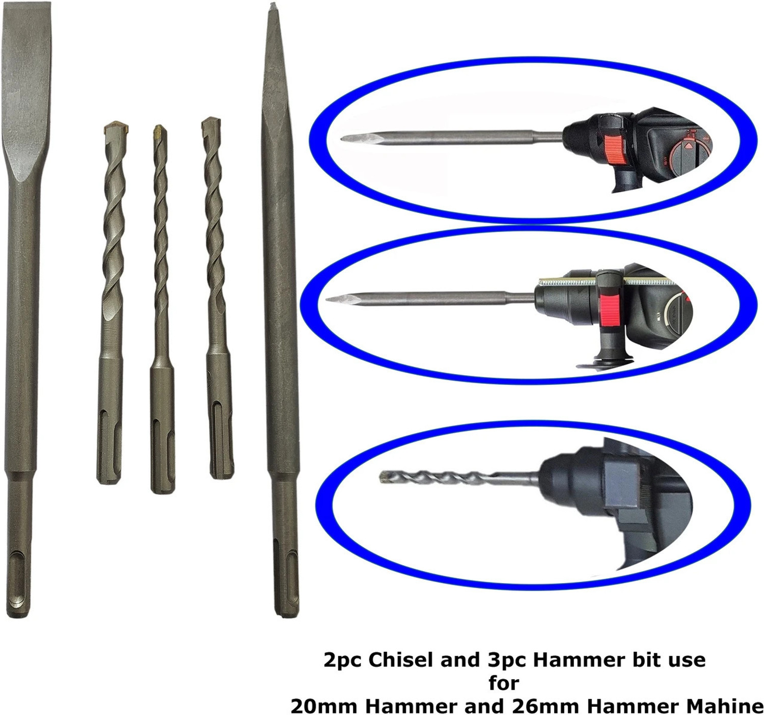 Image of Inditrust 5pc hammer bit set of hammer drills and chisels size 6x100, 8x100, 10x100, 2 chipping chisels