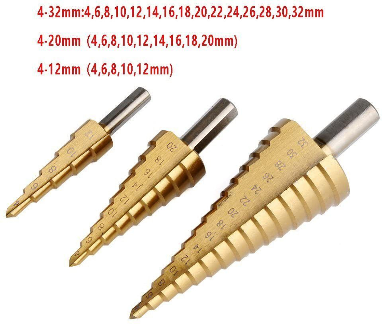 Image of Peacemakers 3 Pcs HSS Step Drill Bit High Speed Steel Titanium Coated Large Hole Step Bits for Metal Wood Plastic