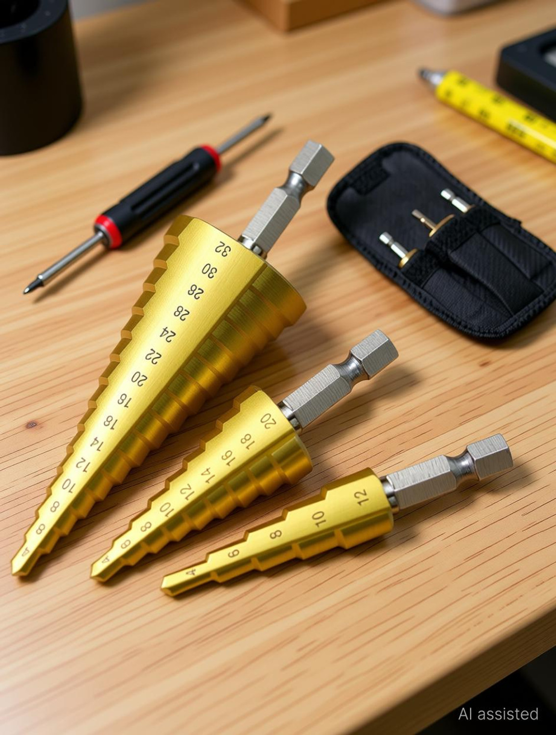Image of RDX 3Pc Hss Step Cone Taper Drill Bit Set Hole Cutter Metric 4-12 /20 /32Mm 1 /4 Inch Titanium Coated Metal Hex Bits NA Specialty Woodworking Bits Set